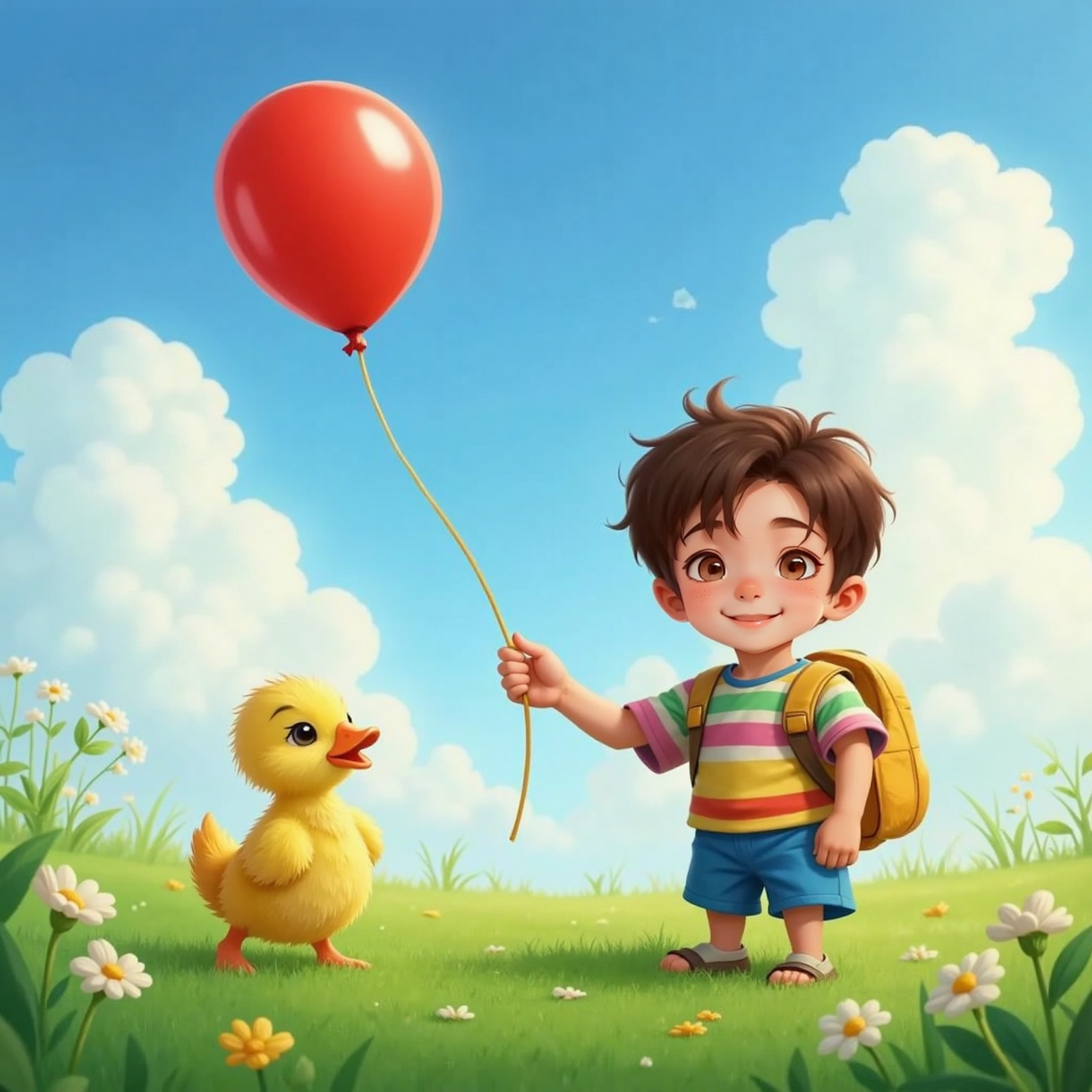 Cipi Coco smiling, handing a red balloon to a small yellow duck with tears of joy in her eyes. Lush grass and a blue sky in the background.