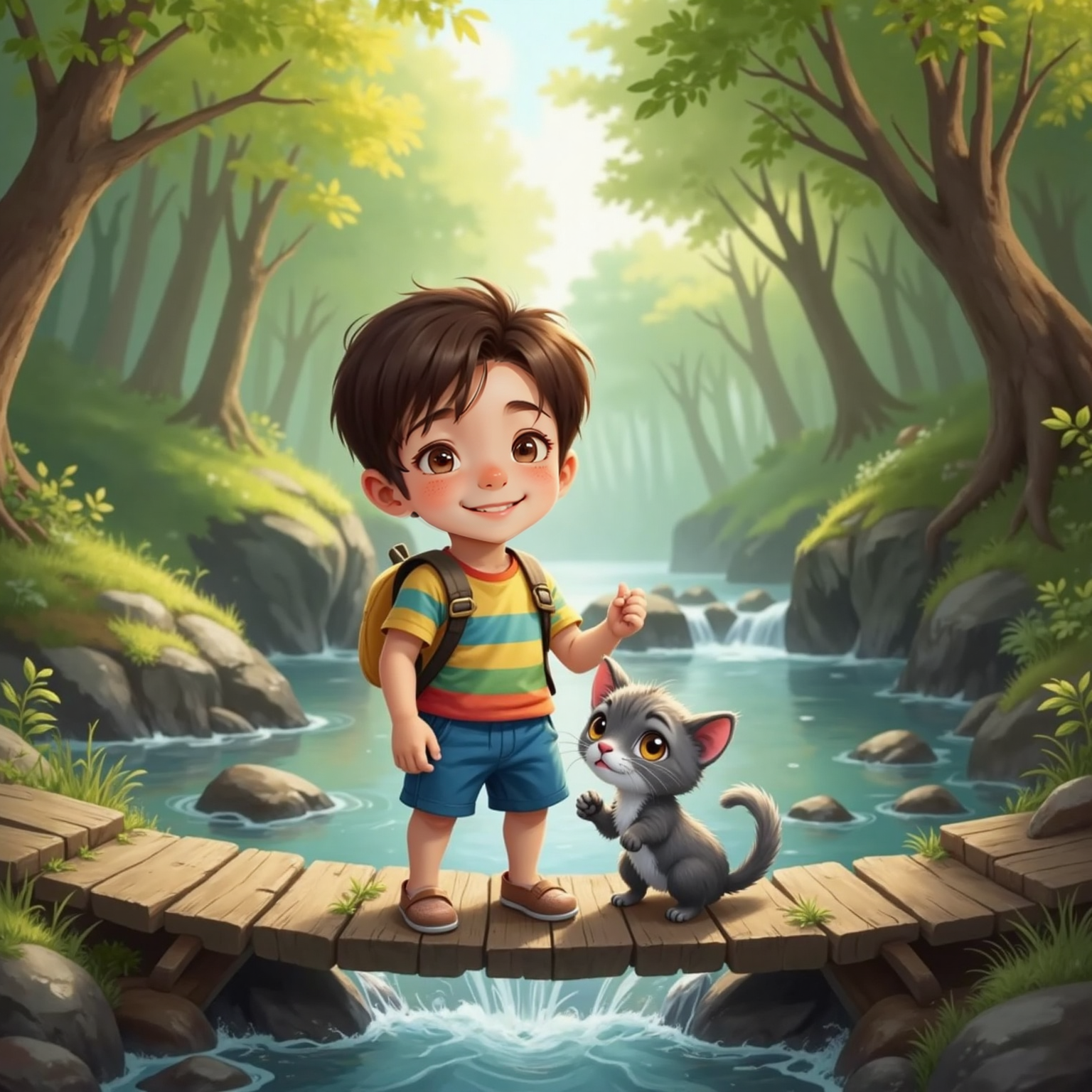 Cipi Coco gently holding the paw of a frightened grey kitten with wide eyes, standing together on a wooden shaky bridge above a stream.