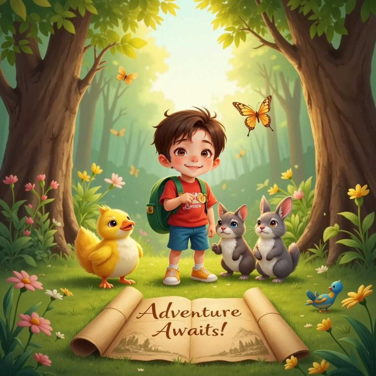 Cipi Coco surrounded by smiling friends—a yellow duck, a grey kitten, and others—sharing a big group hug in a sunlit clearing, the sparkly map glowing nearby.