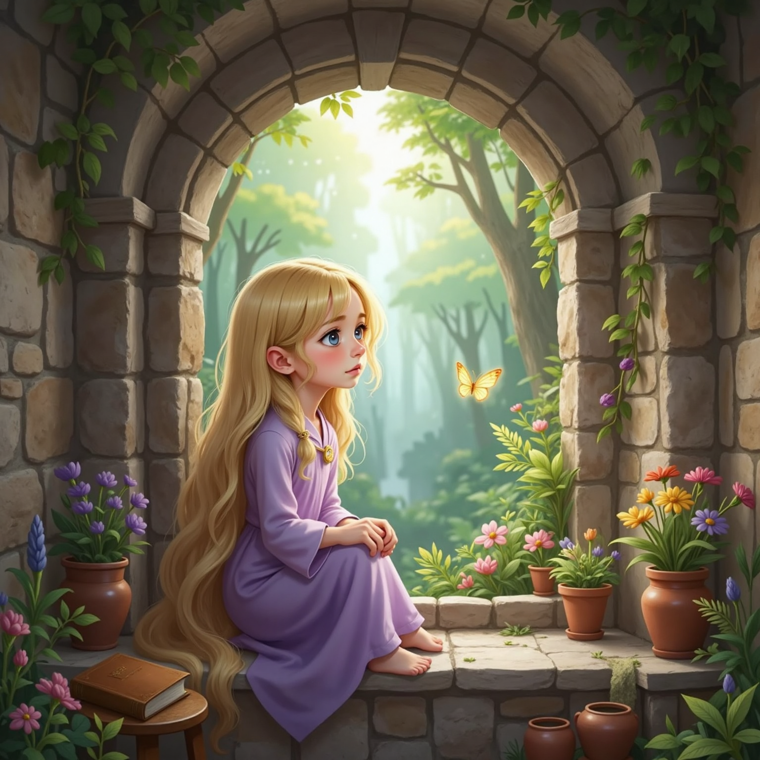 Rapunzel, a girl with very very long blonde hair, sitting by a small window in a tall stone tower filled with flowers. A lush green magical forest outside the window. Rapunzel looks wistful.