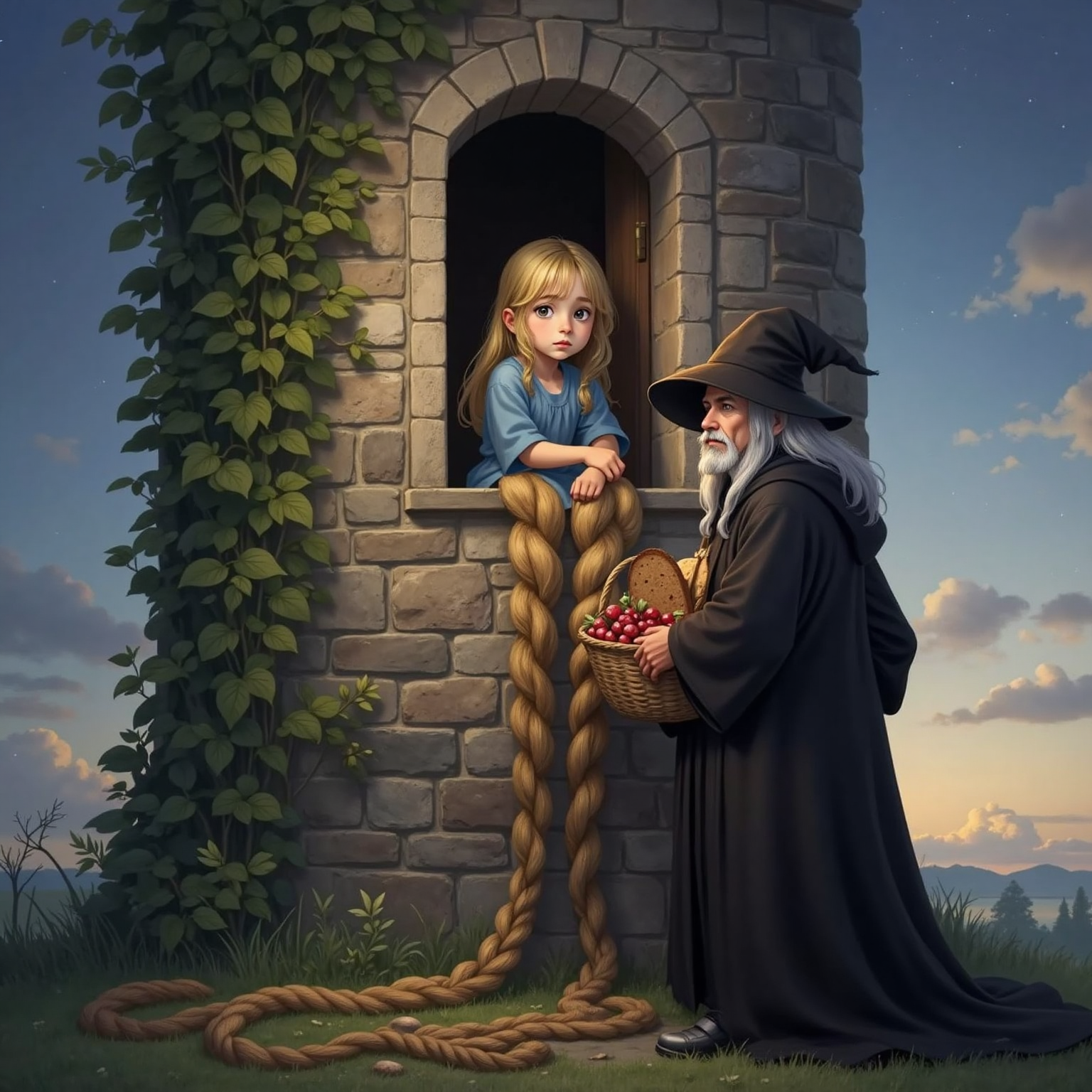 An old witch with long grey hair and a black hat, carrying a basket of food, climbing up Rapunzel's long golden braid to the tower window. Rapunzel, looking sad, waits at the window.