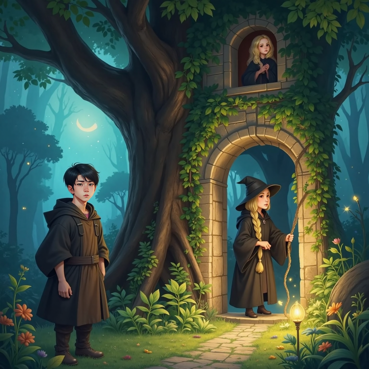 Leo, a young man with black hair, hiding behind a tree at the edge of the magical forest, watching the old witch with long grey hair and a black hat climb up Rapunzel's golden braid to the tower window.