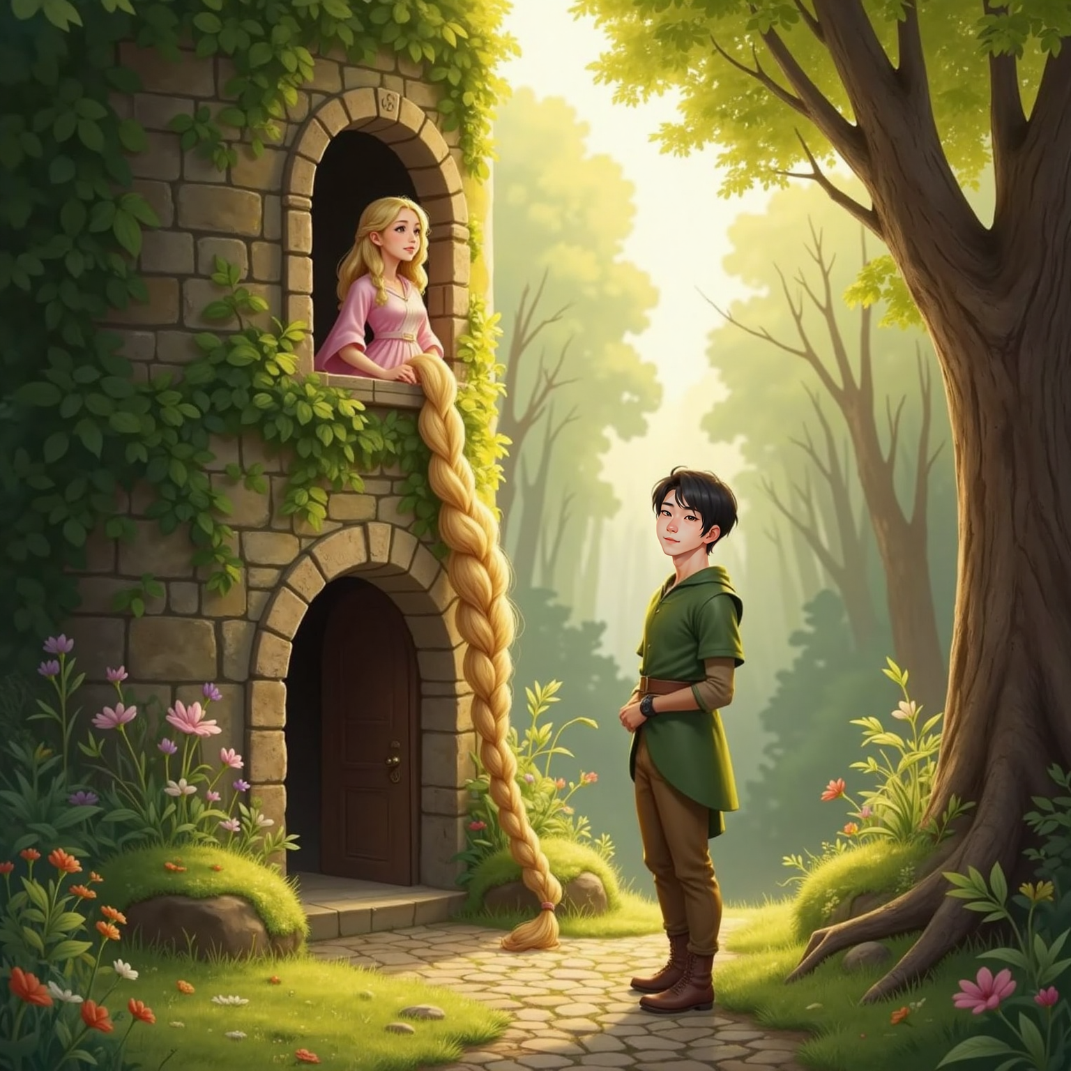 Rapunzel, smiling with hope, lets down her golden braid from the tower window. Leo, smiling warmly, stands below and looks up at her.