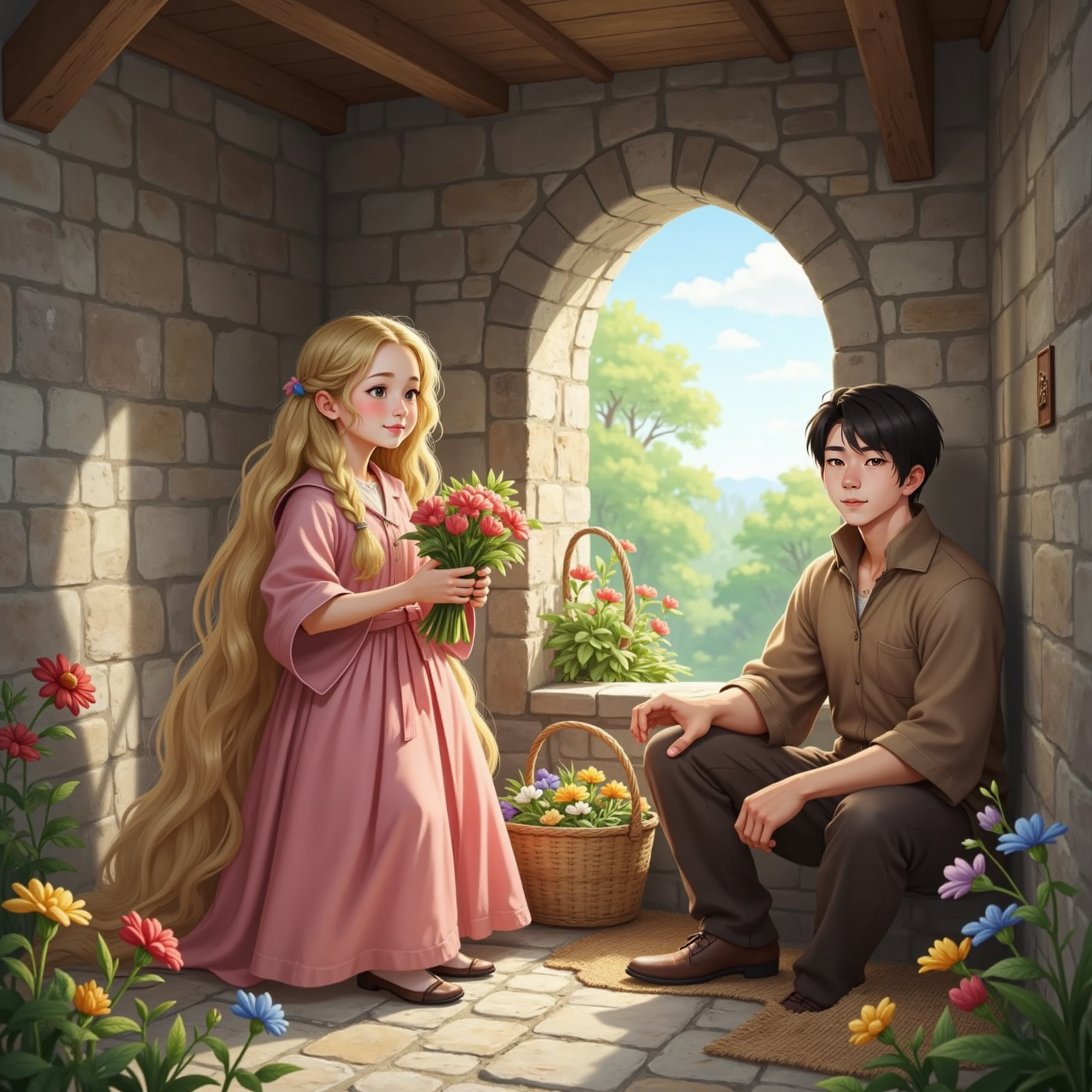 Inside the tower, Rapunzel with a gentle smile holds a handful of colorful wildflowers. Leo, sitting nearby, offers her more flowers. The stone walls and small window in the background.