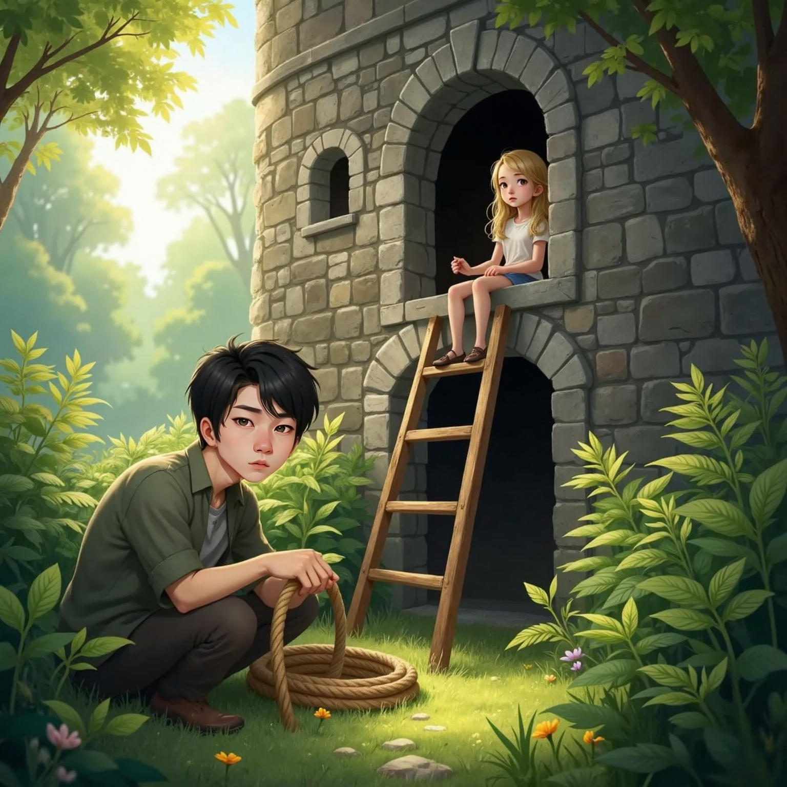 Leo, focused and determined, hides a wooden ladder and rope under tall green ferns near the base of the tower. The tower rises above, and Rapunzel watches from the window above, smiling.