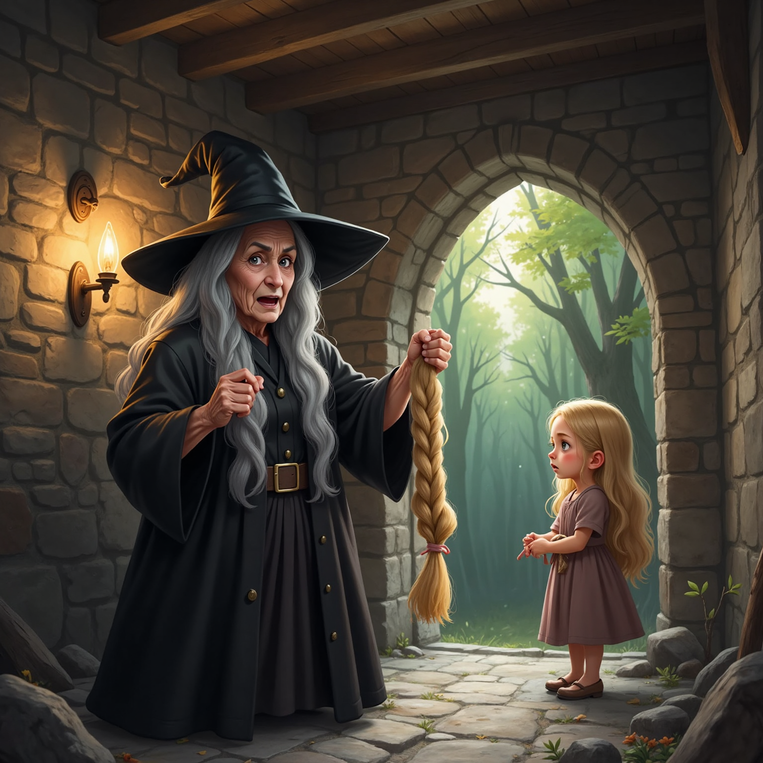 An old witch with long grey hair and a black hat, angry and scowling, holding a cut golden braid. Rapunzel, shocked and sad, stands nearby in a stone room. The deep green woods visible through a magical portal.