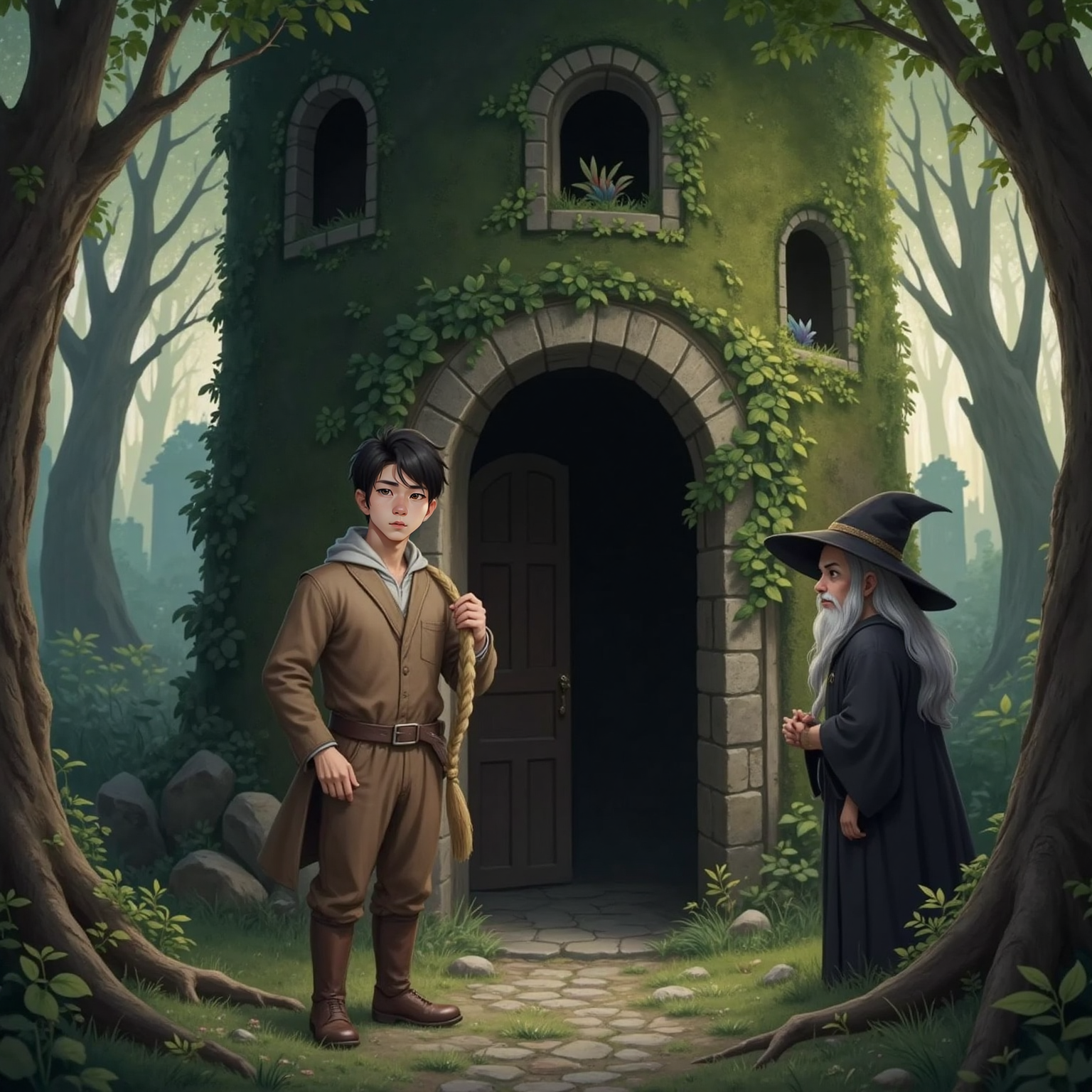 Leo, looking worried and searching, stands at the base of the empty tower holding Rapunzel's cut golden braid. The old witch with long grey hair and a black hat lurks in the shadows, scowling.