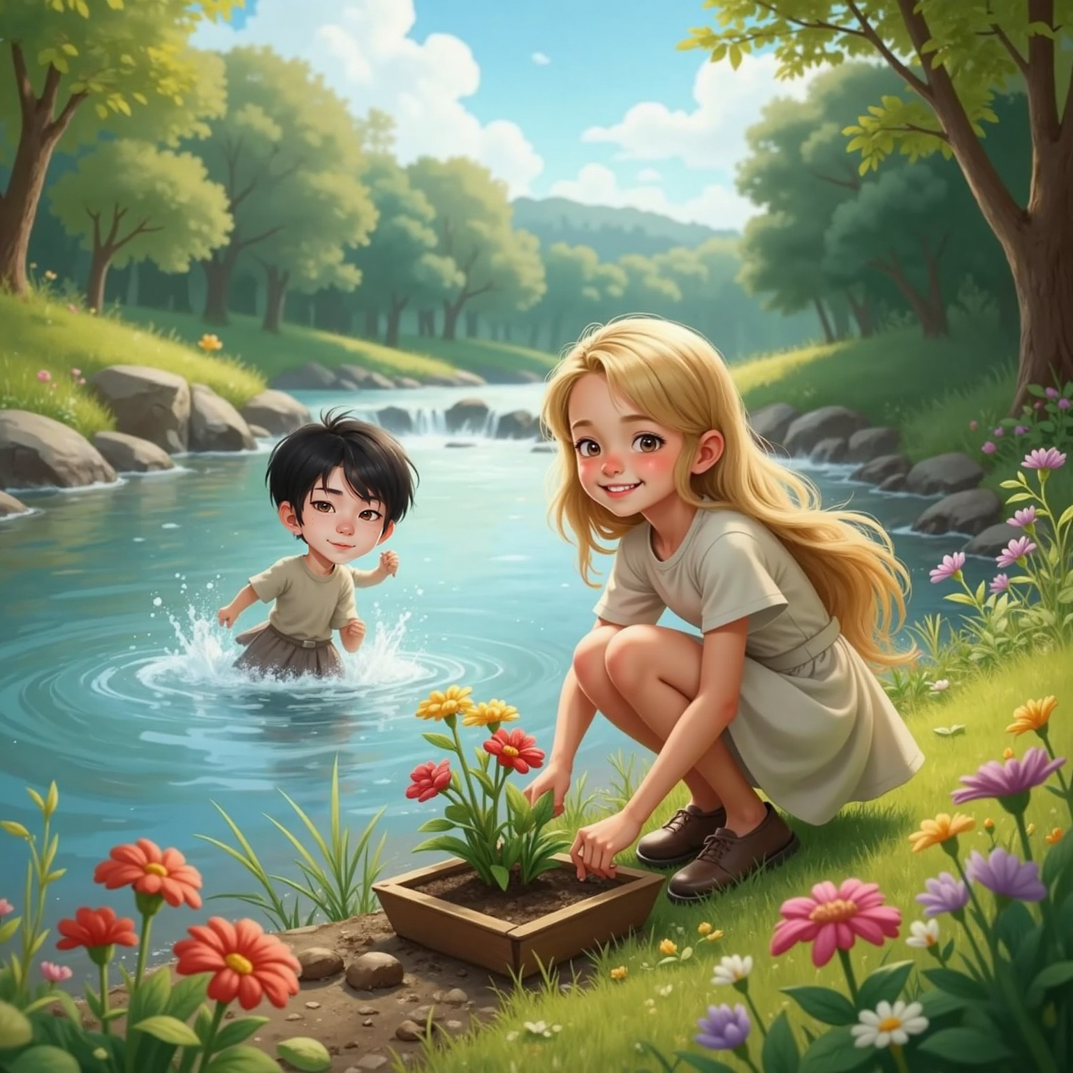 Rapunzel, smiling and happy, plants colorful flowers by a bright, rushing river. Sunlight sparkles on the water. Leo runs toward her, joy on his face.
