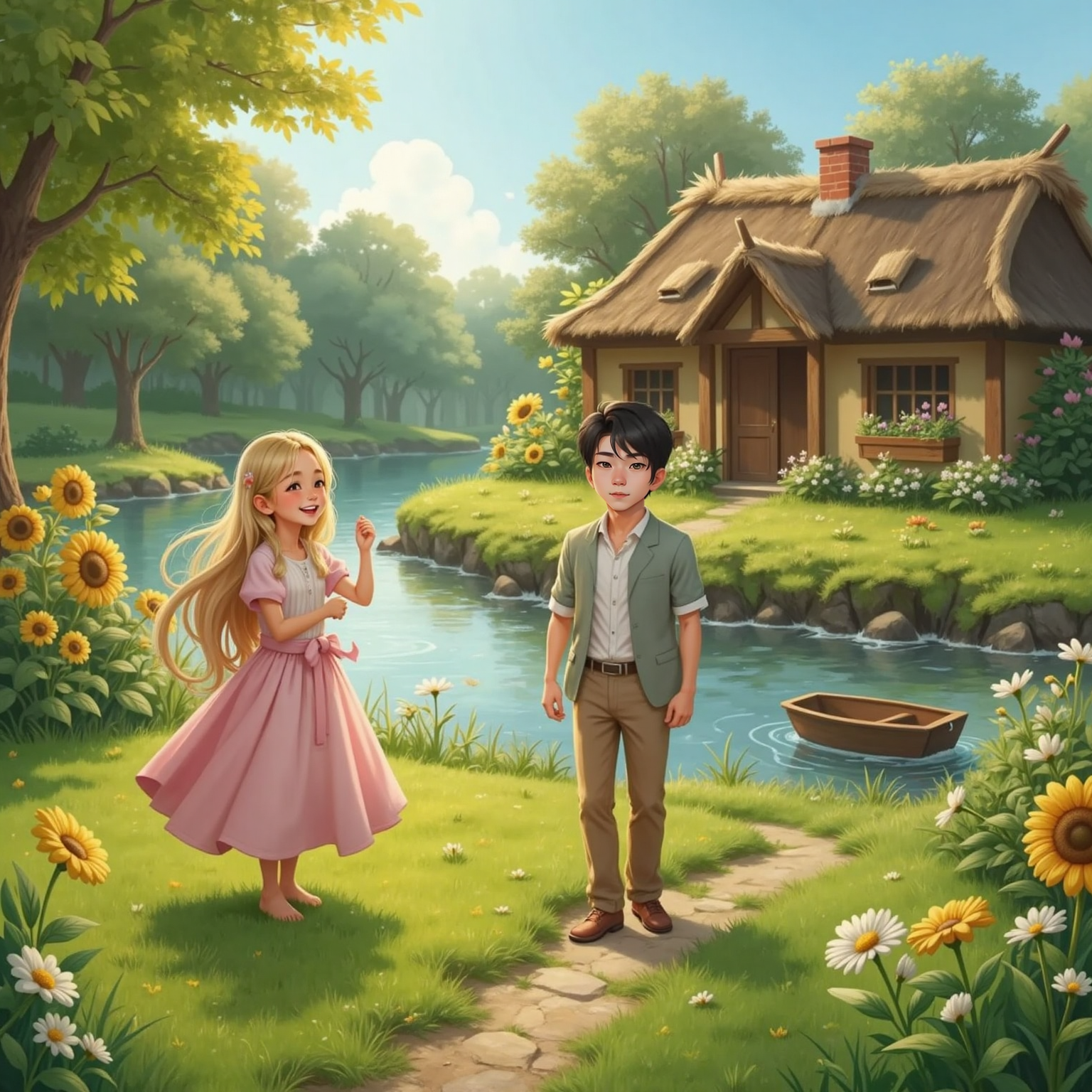Rapunzel, barefoot and laughing, dances in the grass beside a cozy cottage near the river. Leo stands nearby, smiling, surrounded by a garden of sunflowers and daisies.