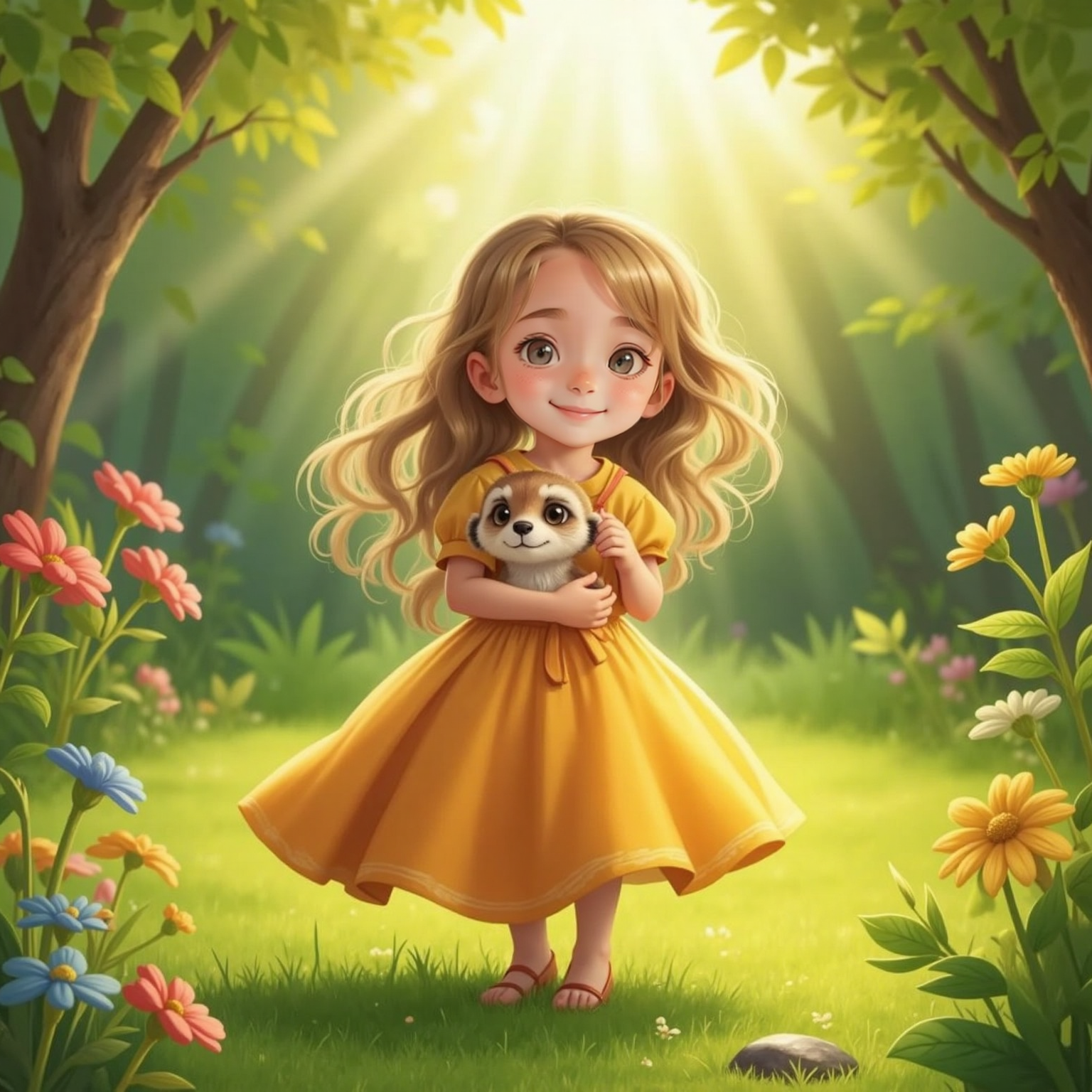 Sienna twirling in a sunlit garden, holding Brownie the Meerkat soft toy with big brown eyes and a soft squishy body. Shiny pebble on the ground among green leaves.