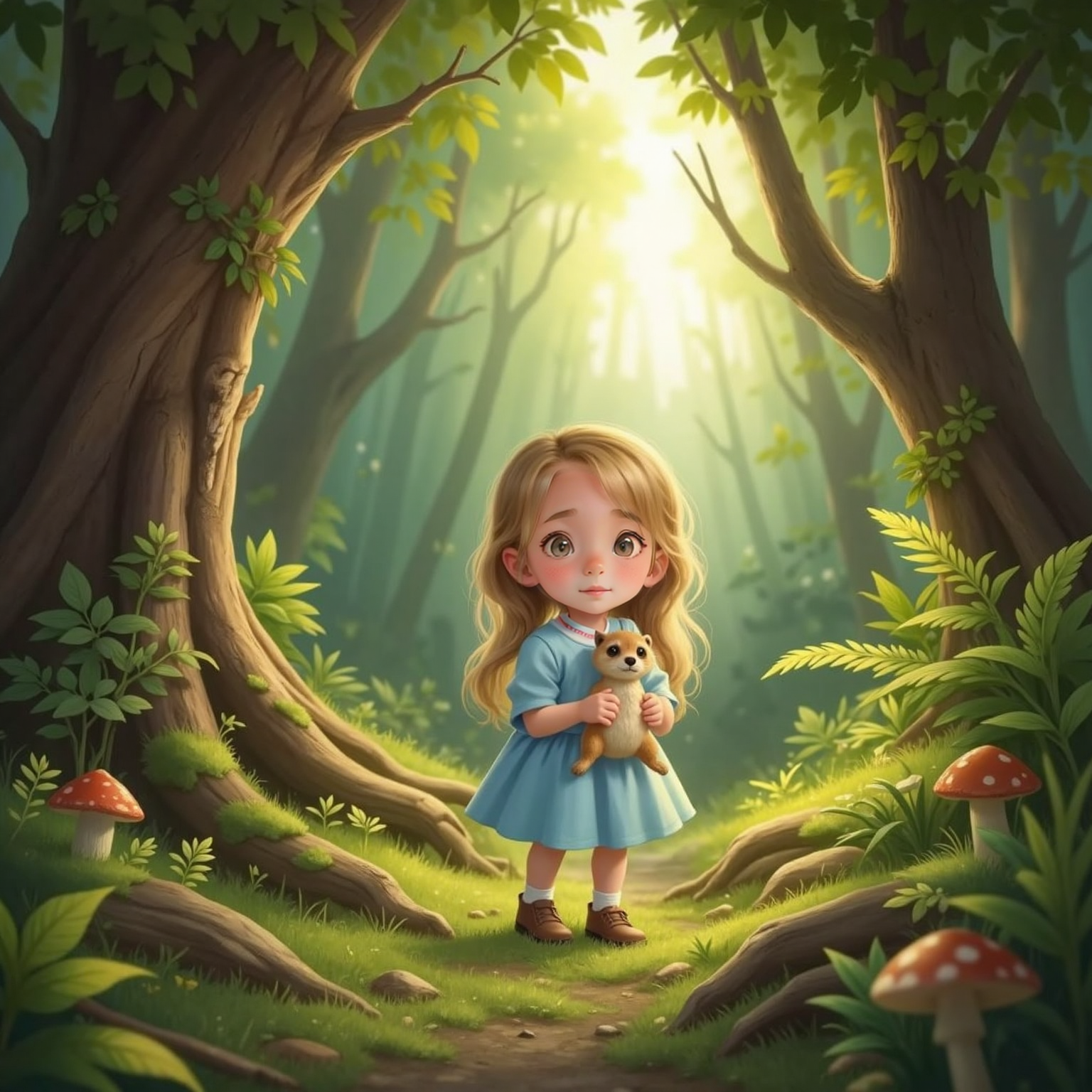 Sienna tiptoeing in a shady forest, looking surprised. Brownie the Meerkat soft toy with big brown eyes and a soft squishy body leads the way near mossy logs. Glowing fairy lights peek from behind ferns.