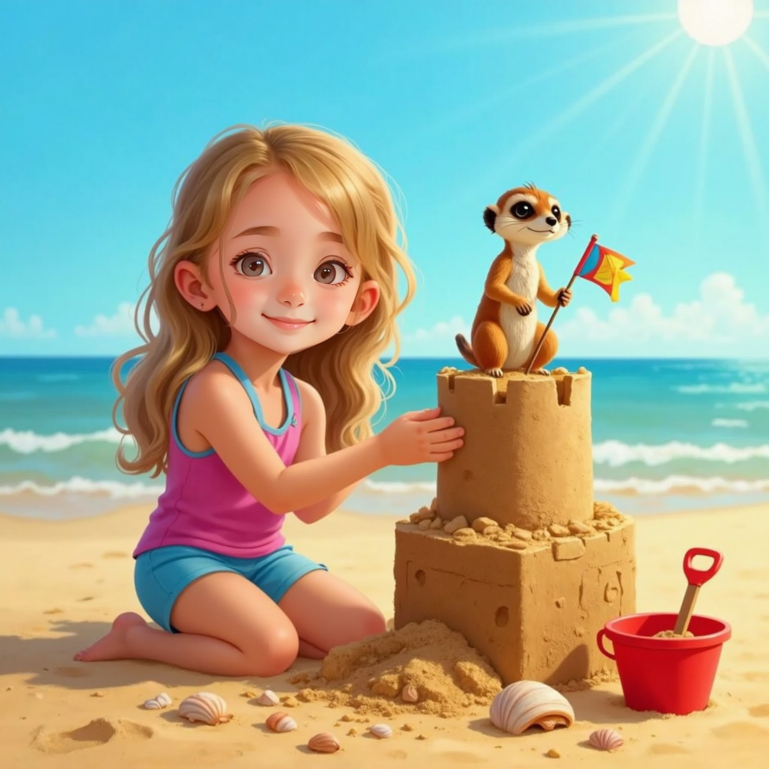 Sienna smiling, building a tall sandcastle on a sandy beach. Brownie the Meerkat soft toy with big brown eyes and a soft squishy body sits on top of the sandcastle. Soft waves in the background.