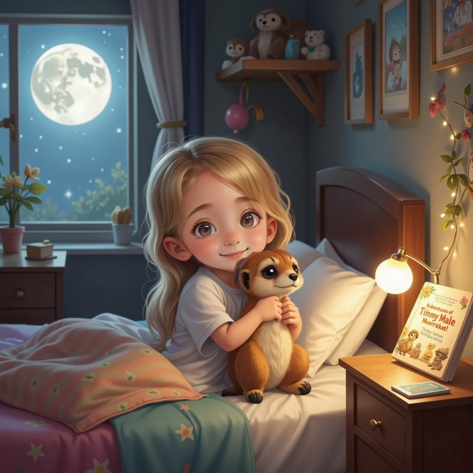 Sienna snuggled in bed at night, hugging Brownie the Meerkat soft toy with big brown eyes and a soft squishy body under her chin. Moonlight shining through the window.