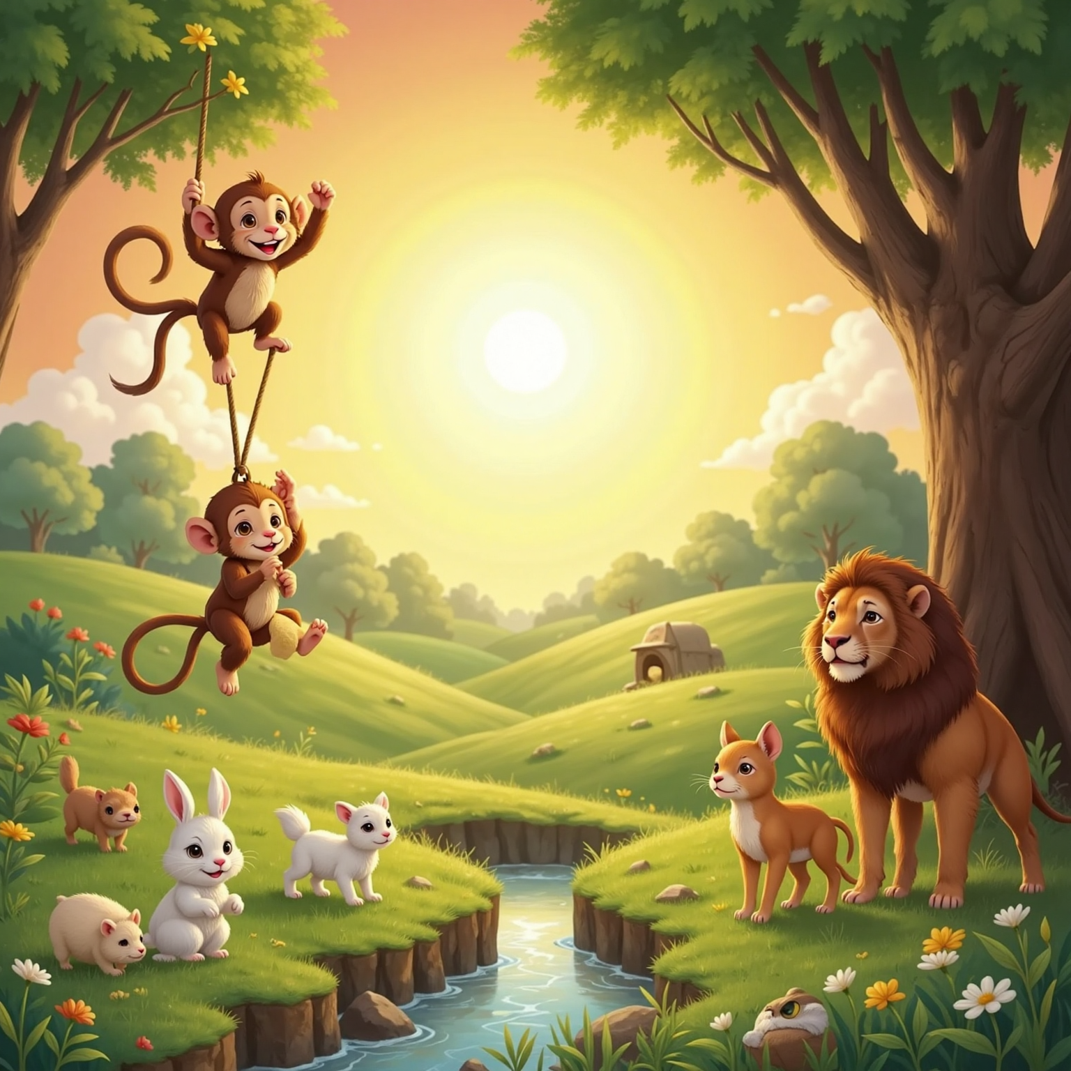 God smiles brightly in a glowing sky above a green field as cute animals—monkey, bunny, duckling, kitten, puppy, lamb, piglet, fawn, lion cub, and owlet—appear one by one in the sunlight.