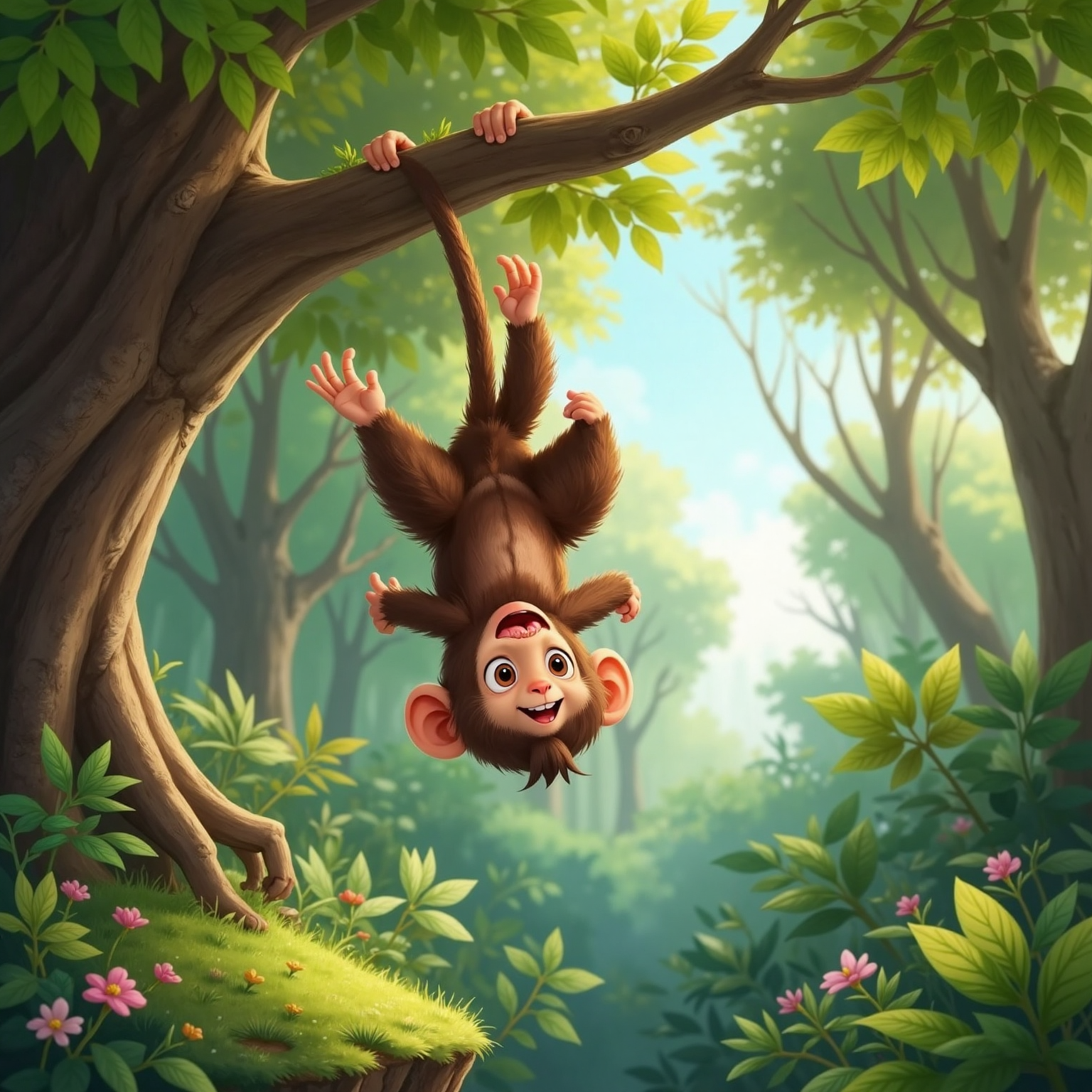 A brown monkey hangs upside down from a leafy tree branch in the daytime, its little tail curled and a big giggle on its face.