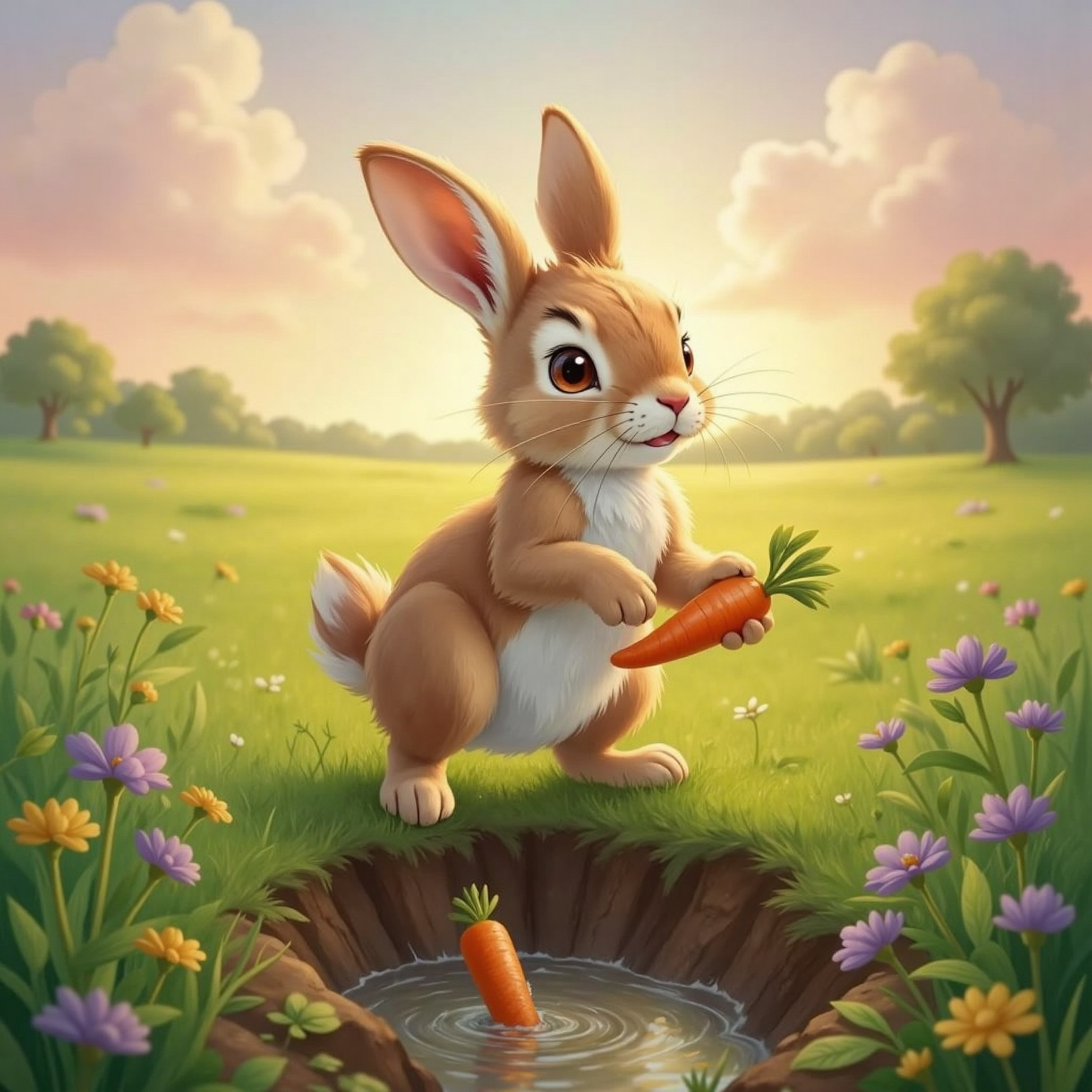 A soft, new bunny with floppy ears and twitching whiskers hops through a dew-kissed meadow at sunrise, holding a carrot it found in a ditch.