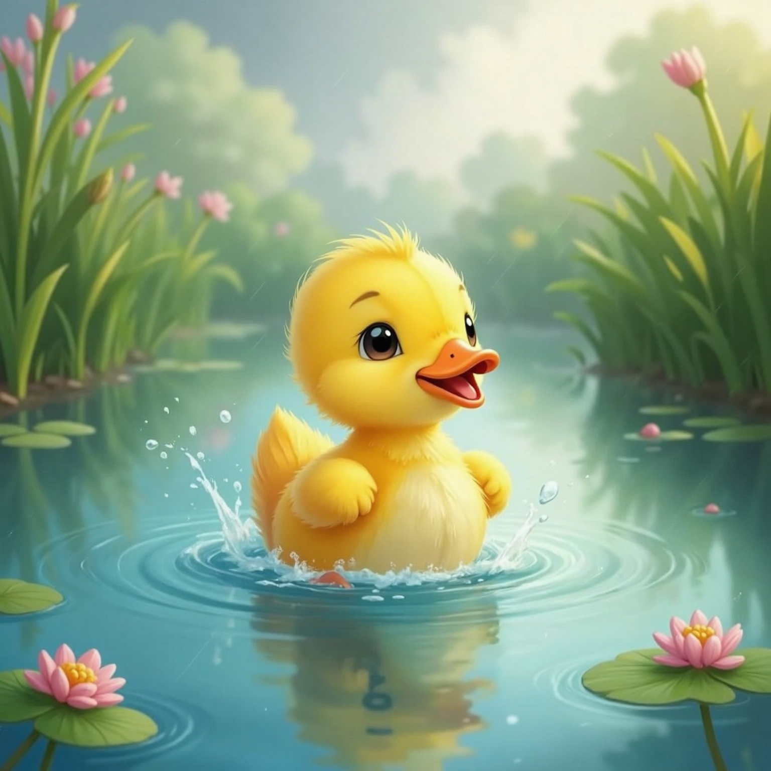 A yellow, fluffy duckling paddles in a blue pond under a cloudy spring sky, splashing and shaking its feathers as light rain falls.