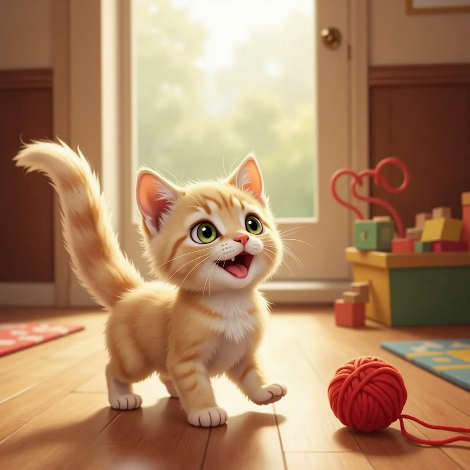 A tiny kitten with bright eyes pounces playfully after a ball across a sunny indoor floor, then wiggles and purrs, looking up expectantly.