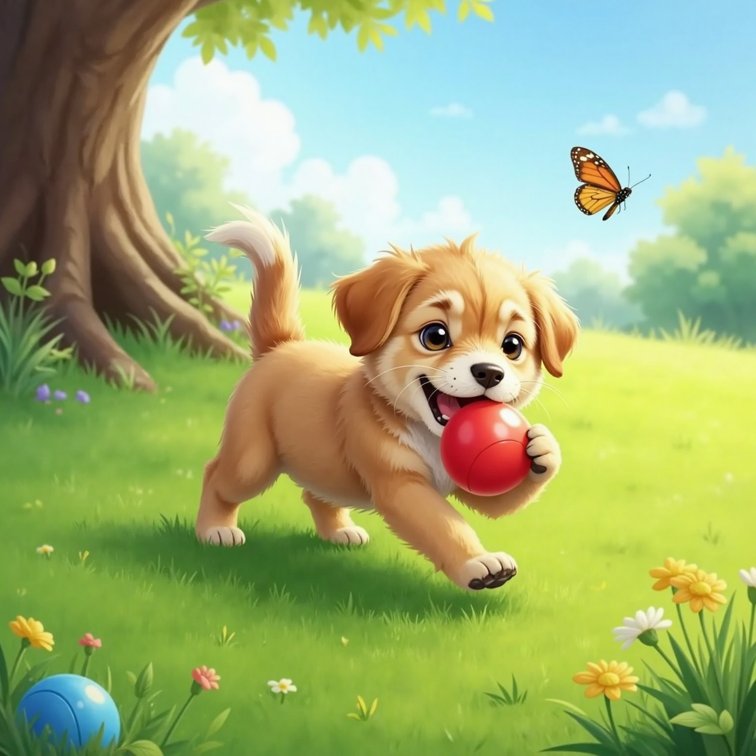 A puppy with a wagging tail plays fetch and rolls in green grass outdoors on a sunny day, barking with joy and following a trail.