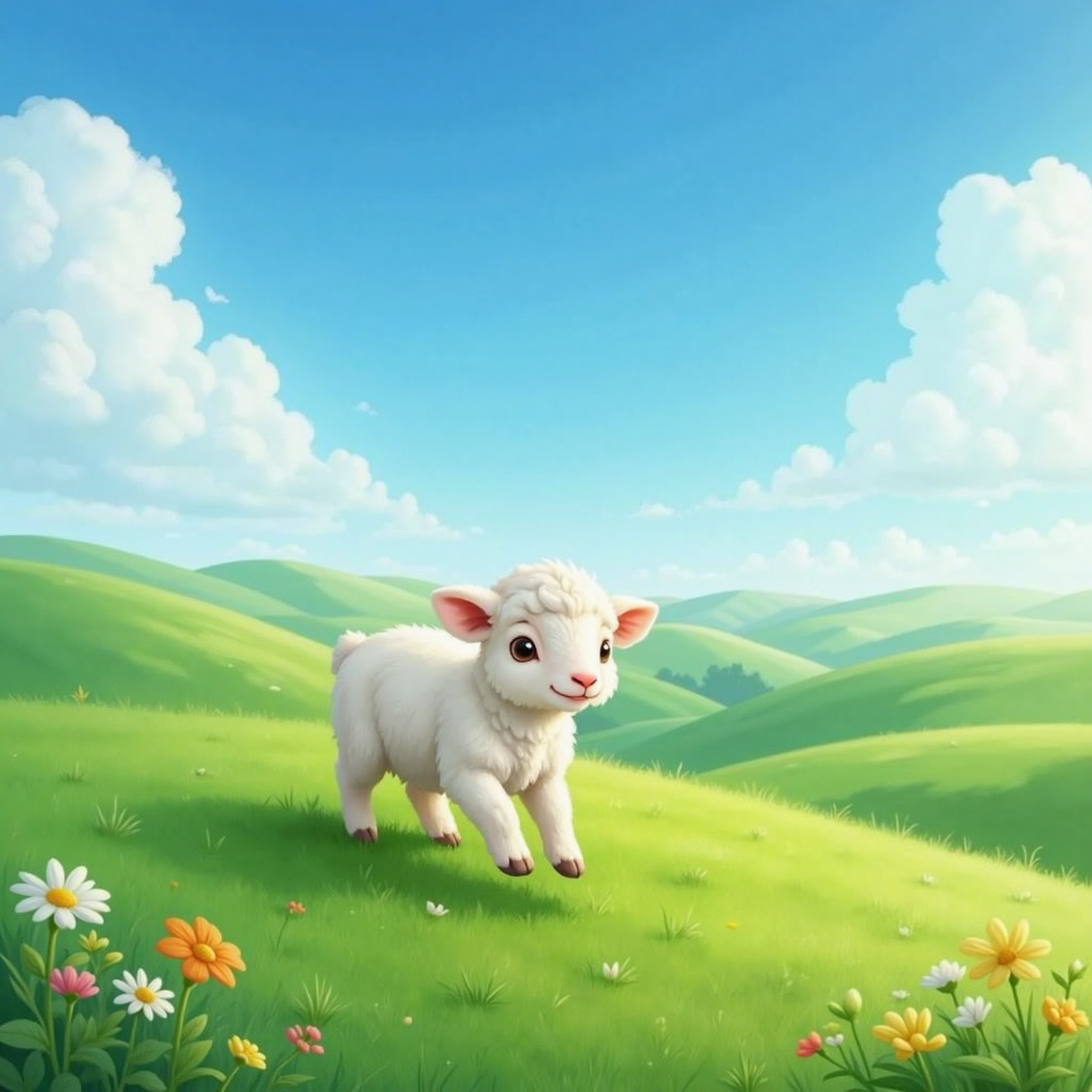 A wooly lamb bounces and skips over green hills under a clear blue sky, softly bleating with a joyful expression.