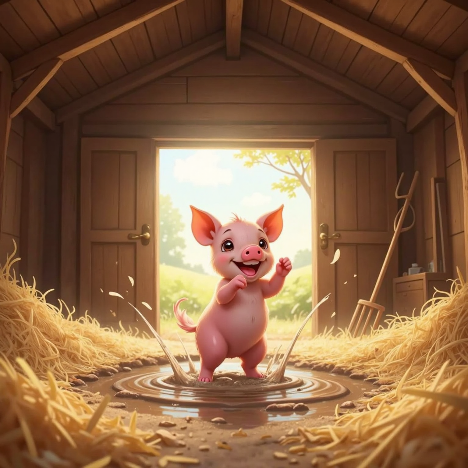 A pink piglet dances and twirls in golden hay inside a sunny barn, rolling in muddy puddles and squealing with delight.