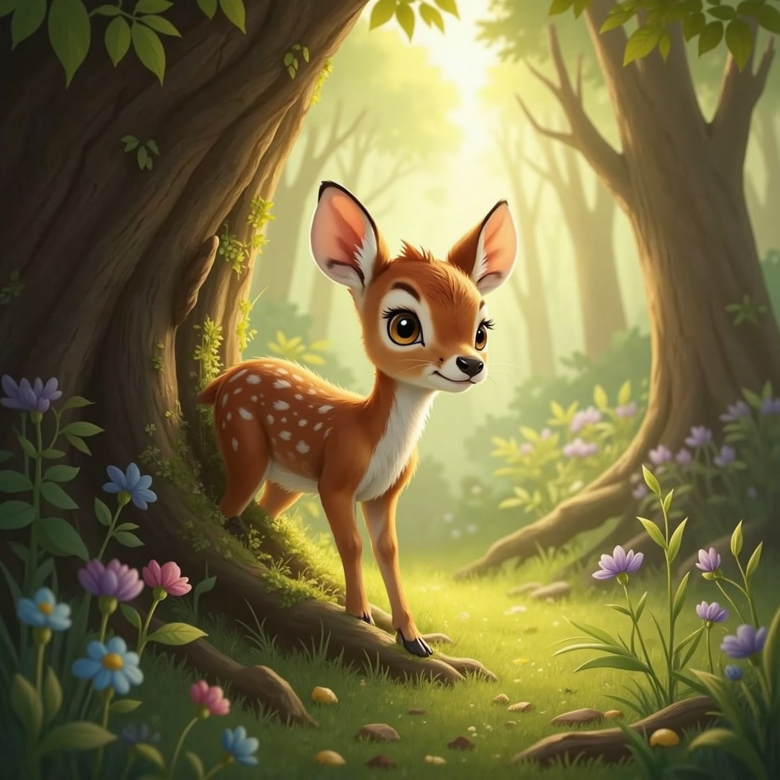 A fawn with white spots leaps through dappled forest shadows in the early morning, hiding behind a tree and peeking out playfully.