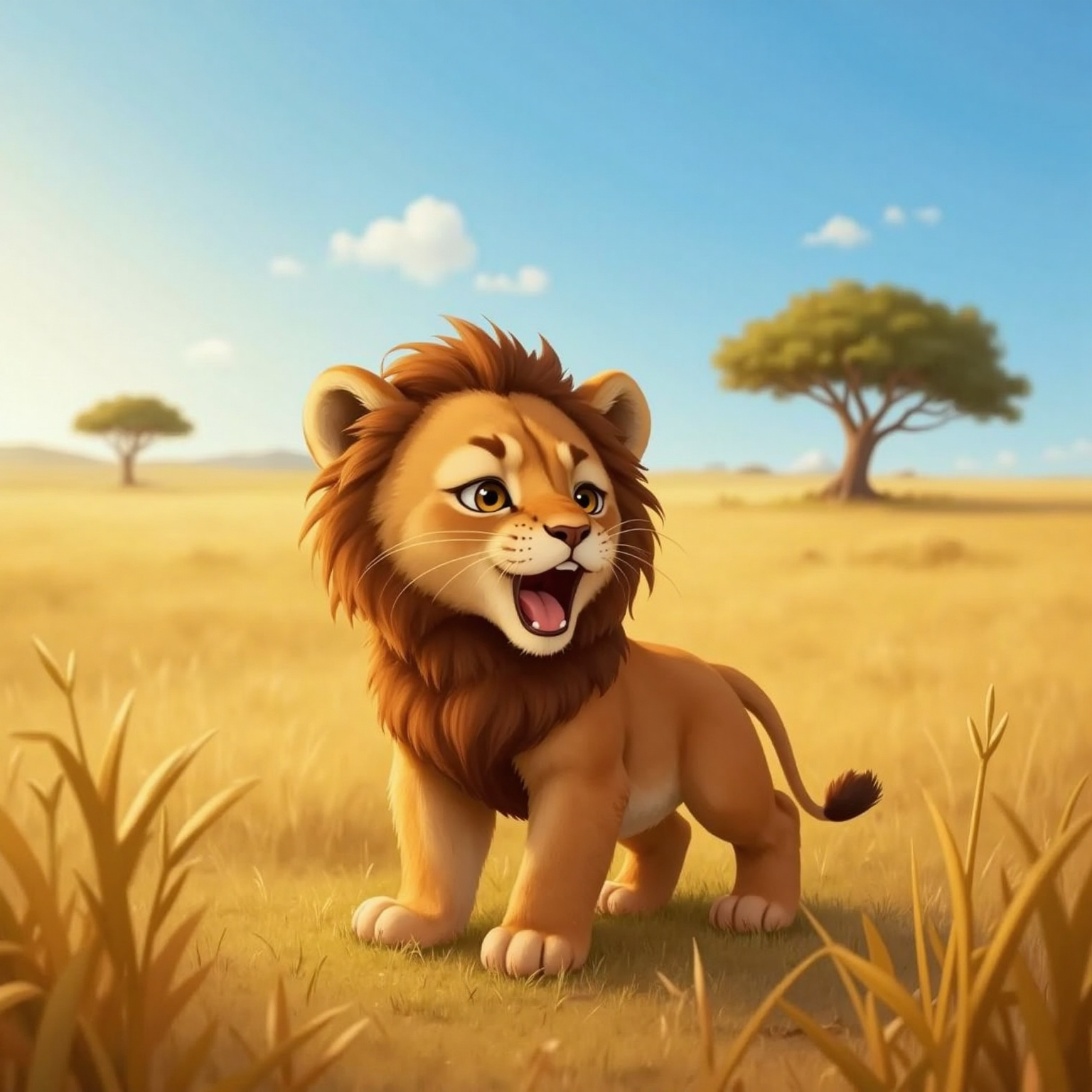 A tiny lion cub with a fluffy mane stands on a sunlit savanna, trying to roar with a surprised expression after making a squeaky sound.