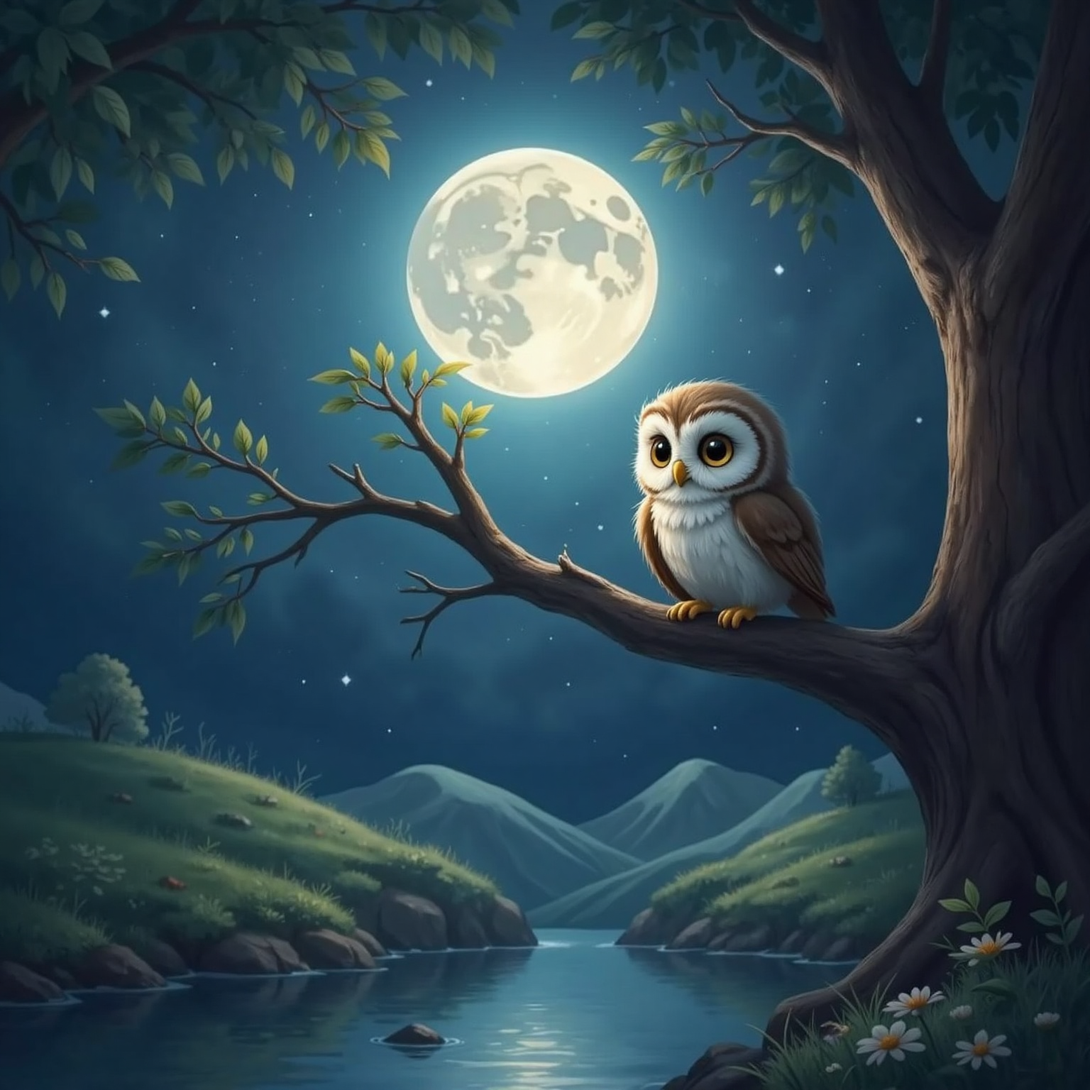 A wide-eyed owlet perches on a moonlit tree branch at night, winking and softly hooting over a peaceful, sleeping landscape.