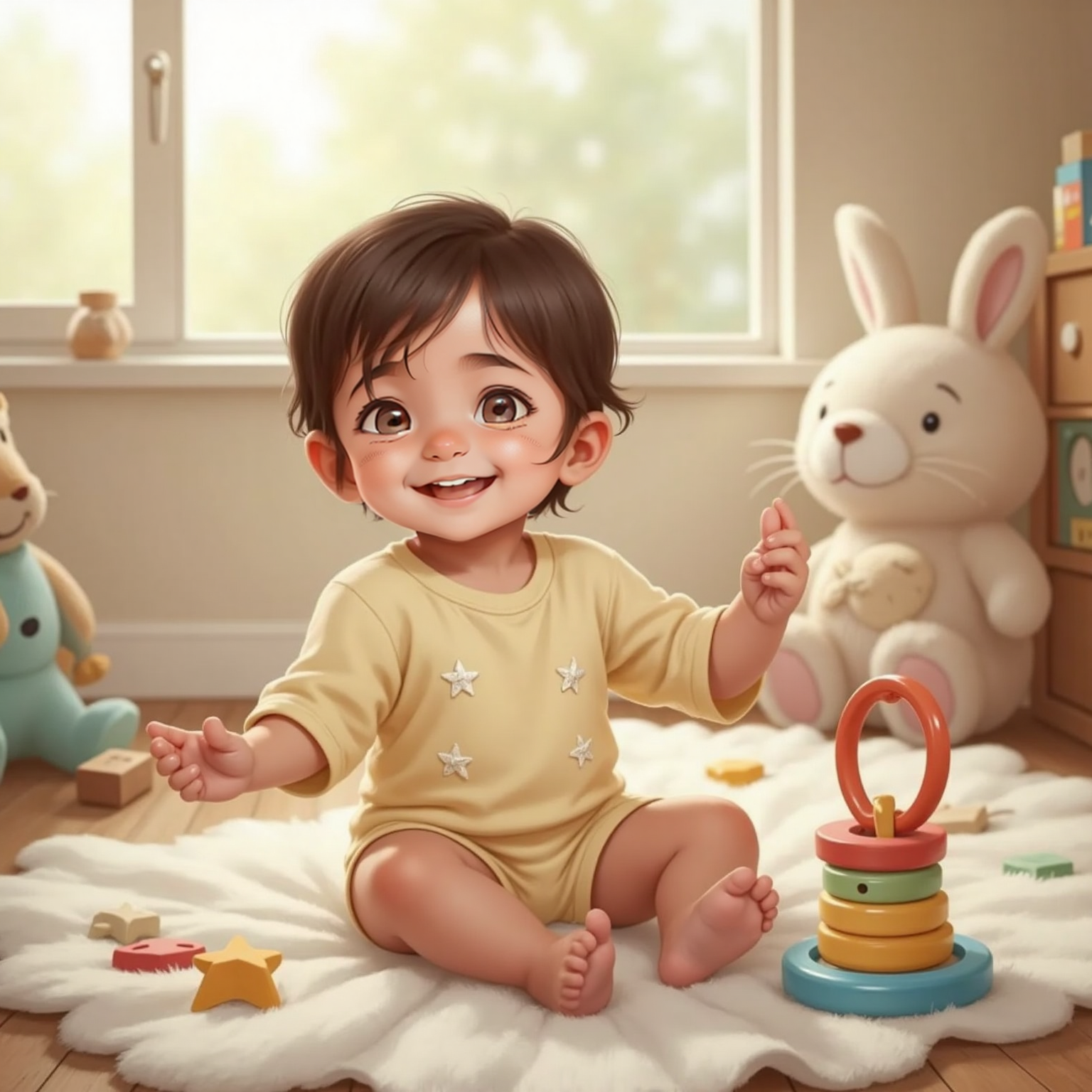 A Baby sits on a soft blanket indoors, giggling and smiling with tiny fingers outstretched, surrounded by gentle morning light.