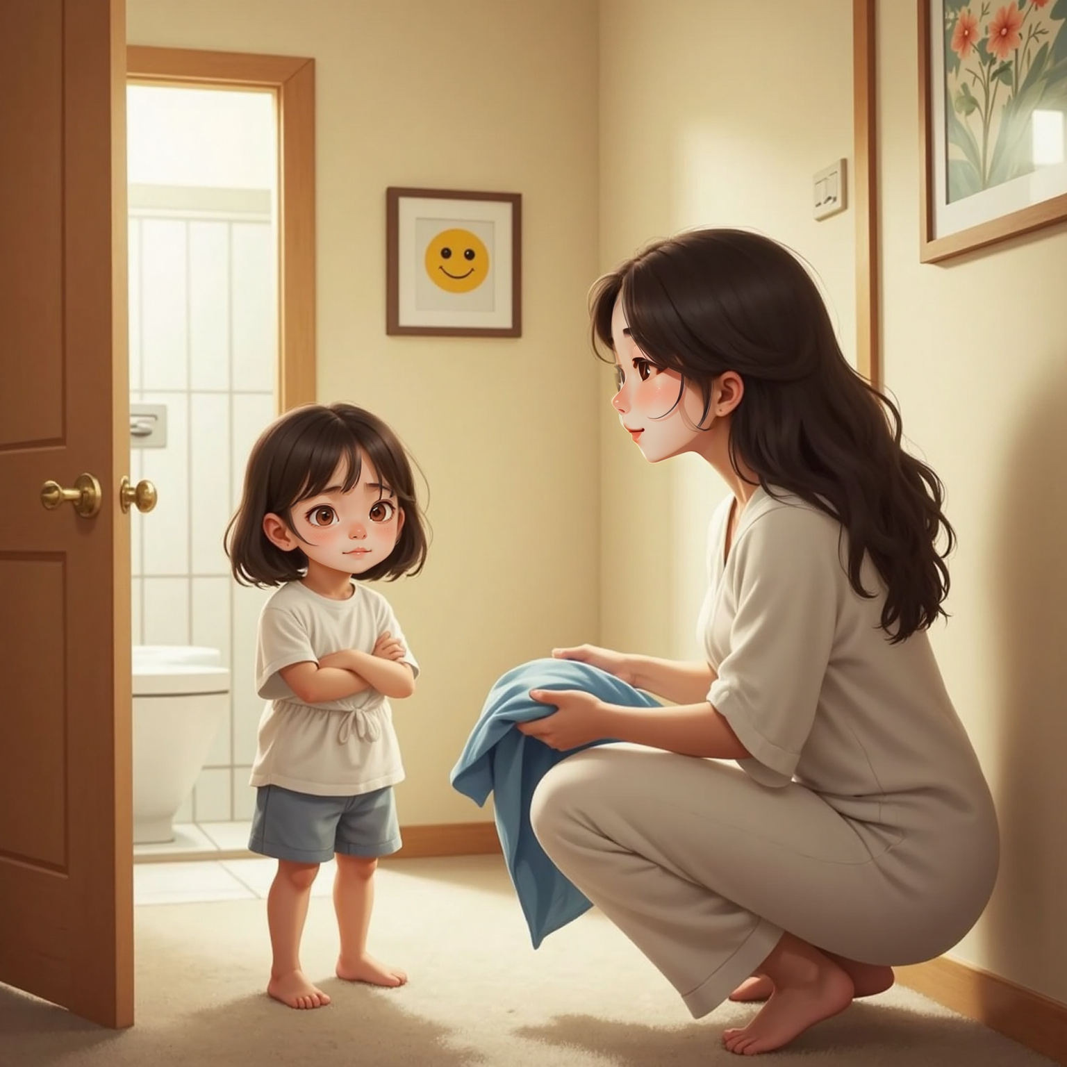 In the hallway by the bathroom door under soft morning light, Mom kneels offering a fluffy blue towel while smiling. Eleana stands shaking her head with a frown, arms crossed, her eyes narrowed in defiance.