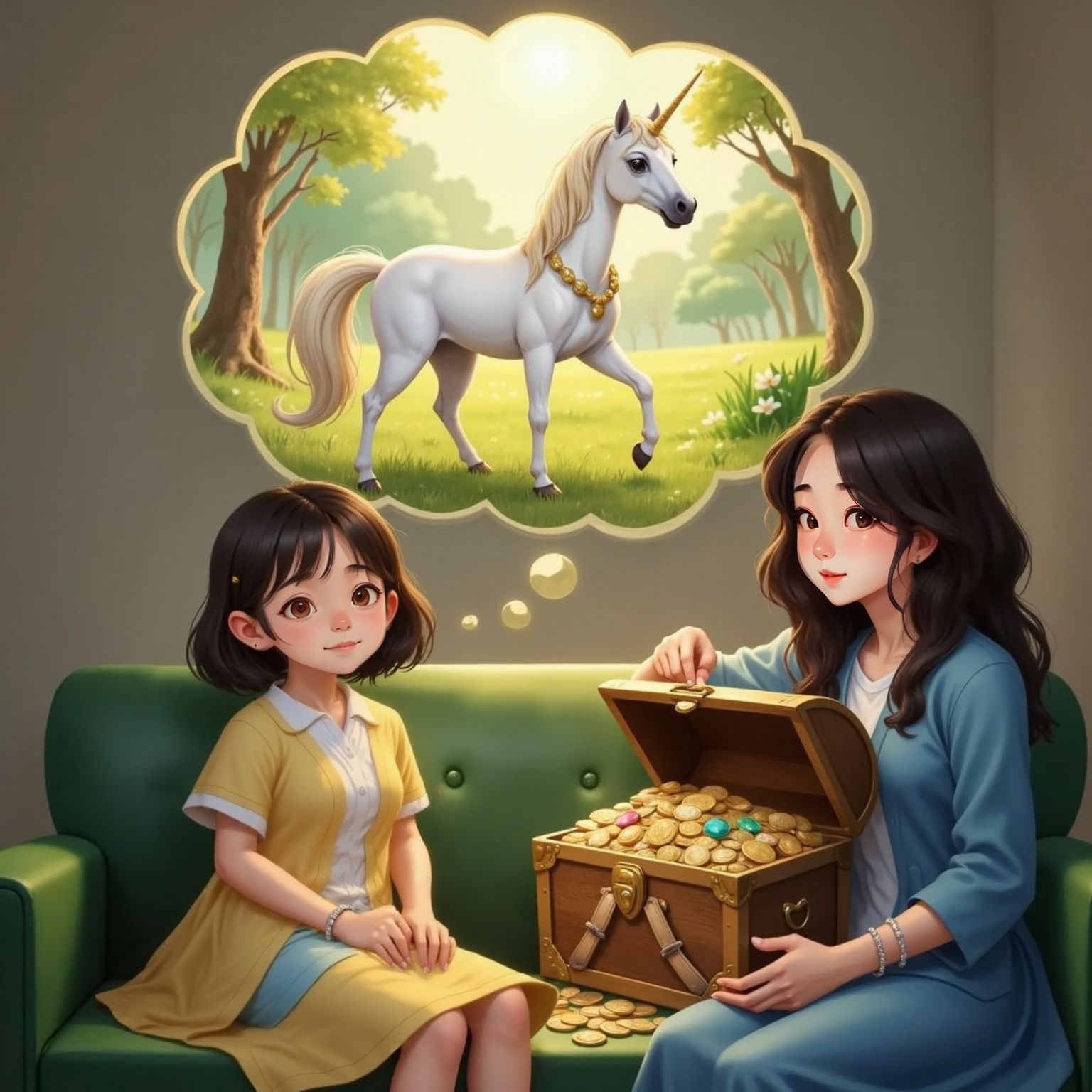 Inside a brightly lit bathroom, Mom is beside Eleana while she is day-dreaming about a unicorn wearing lots of jewelries and treasure chest with golds.