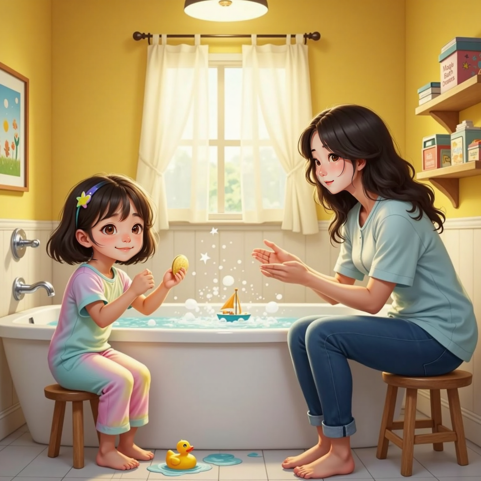 Inside a brightly lit bathroom, Mom sprinkles sequins and a shiny coin into a bubble-filled tub. Eleana kneels beside the tub holding up a golden coin, wearing a wide triumphant grin as Mom claps.