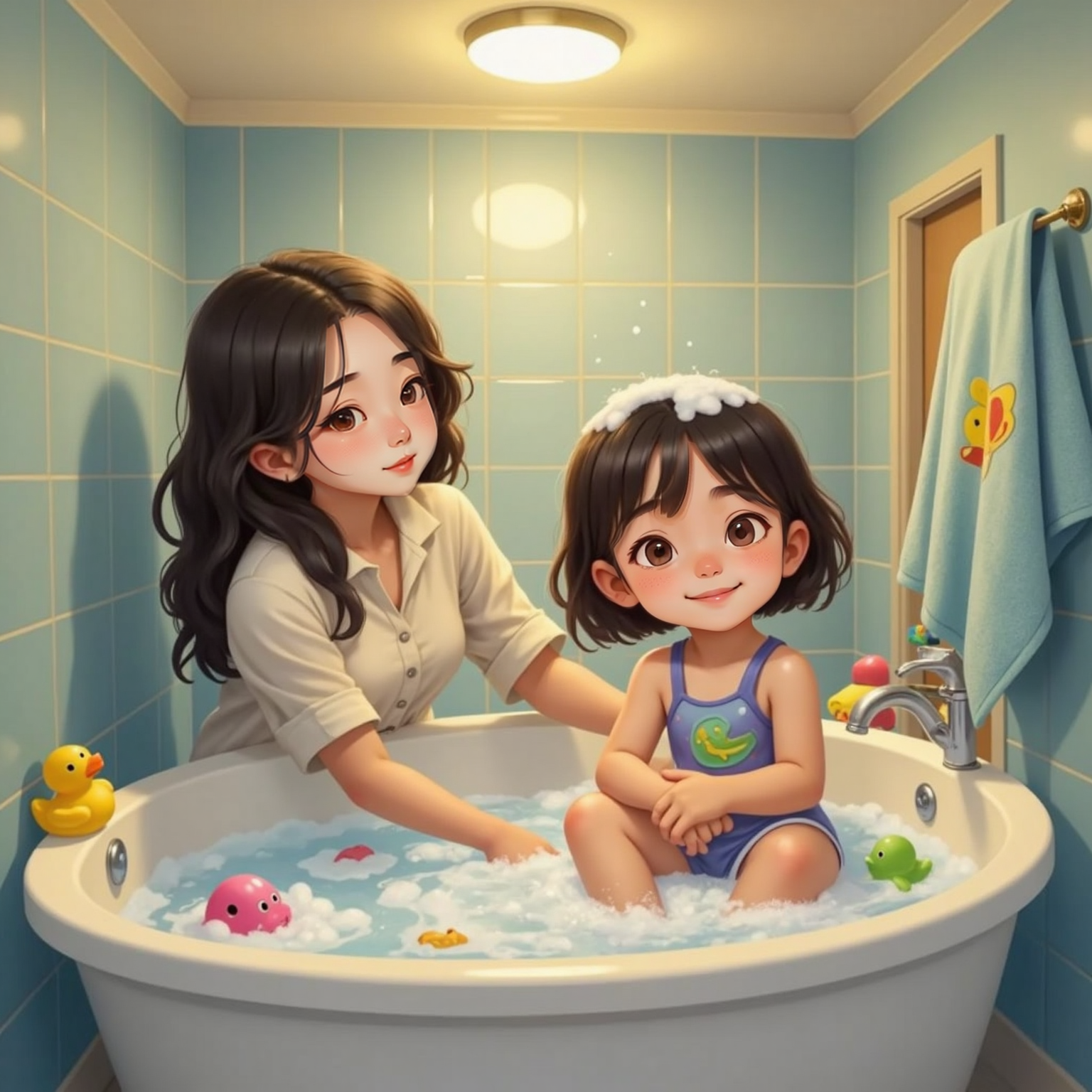 In the bathroom with pale blue tiles under warm overhead light, Eleana sits in the bubble-filled tub hugging her knees while Mom leans over washing her hair, fingers lathering suds. Eleana’s face shows a gentle smile as Mom winks.