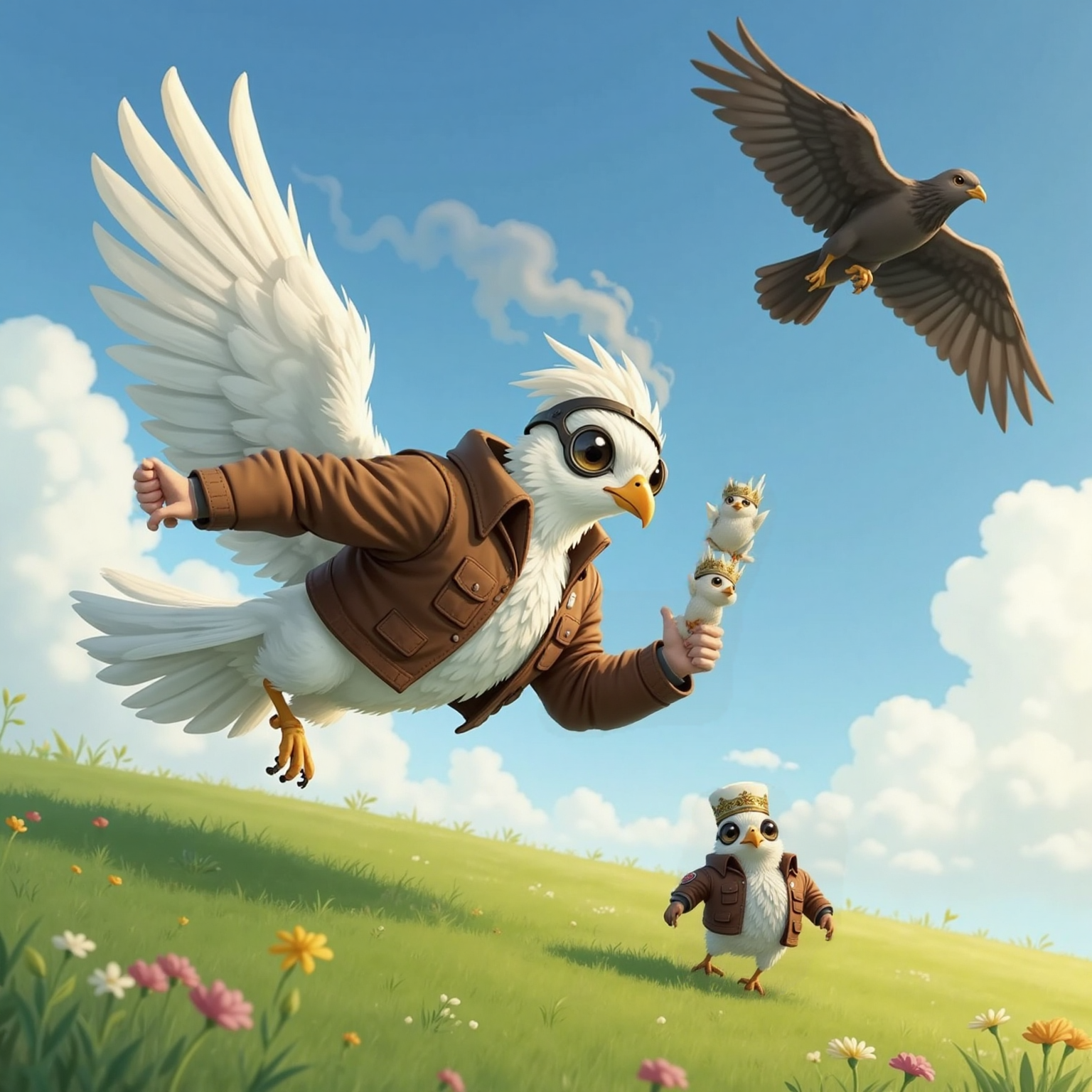 In bright midday clouds, King tumbles with ruffled feathers as a hawk darts away overhead. On a grassy ground below, a birdy medic with a green-cross cap runs forward holding bandages, ready to help his injured wing.