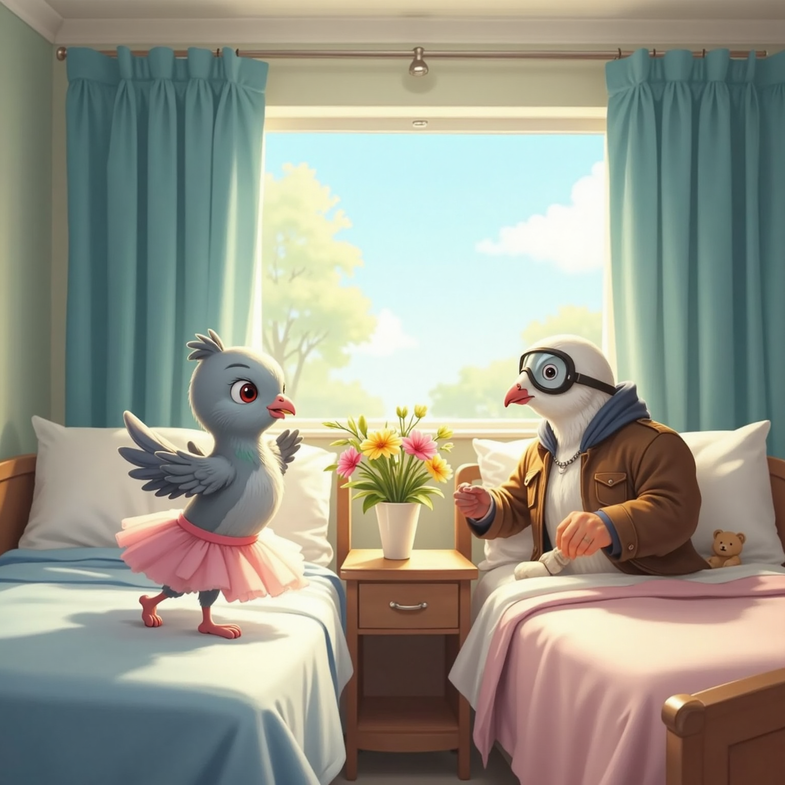 In a sunlit hospital room, Skipper spins on one leg in her pink tutu beside her bed, smiling broadly. King sits upright on his adjacent bed, his goggles perched on his head and grinning at her twirl.