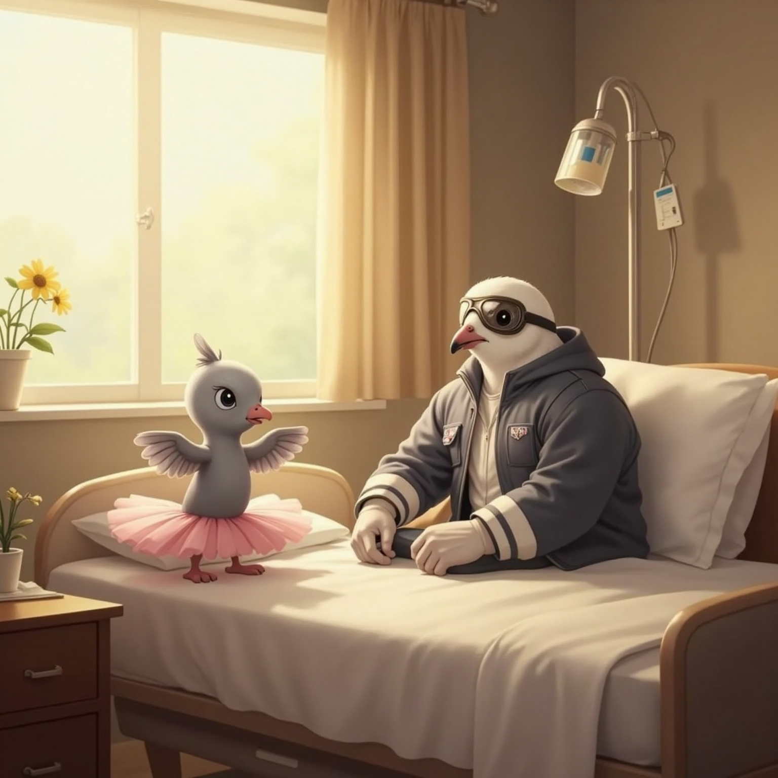 In a hospital room at dawn, golden light streams through a window onto Skipper standing on a chair, waving and winking in her pink tutu. King sits on his bed, his wing touching his chest and his face showing concern.