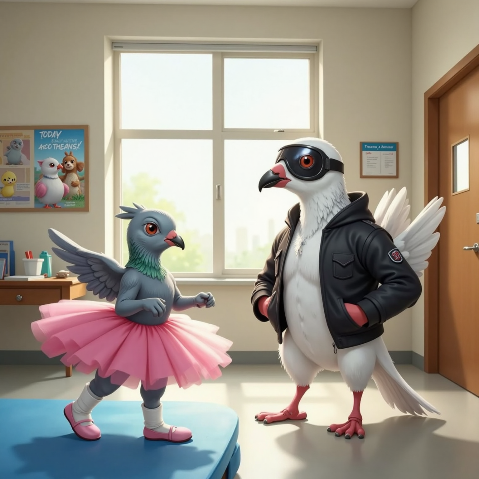 In a bright hospital therapy room at noon, Skipper in her pink tutu twirls slowly, her leg cast visible. King stands beside her, flapping his one good wing and watching her lead with a determined smile.