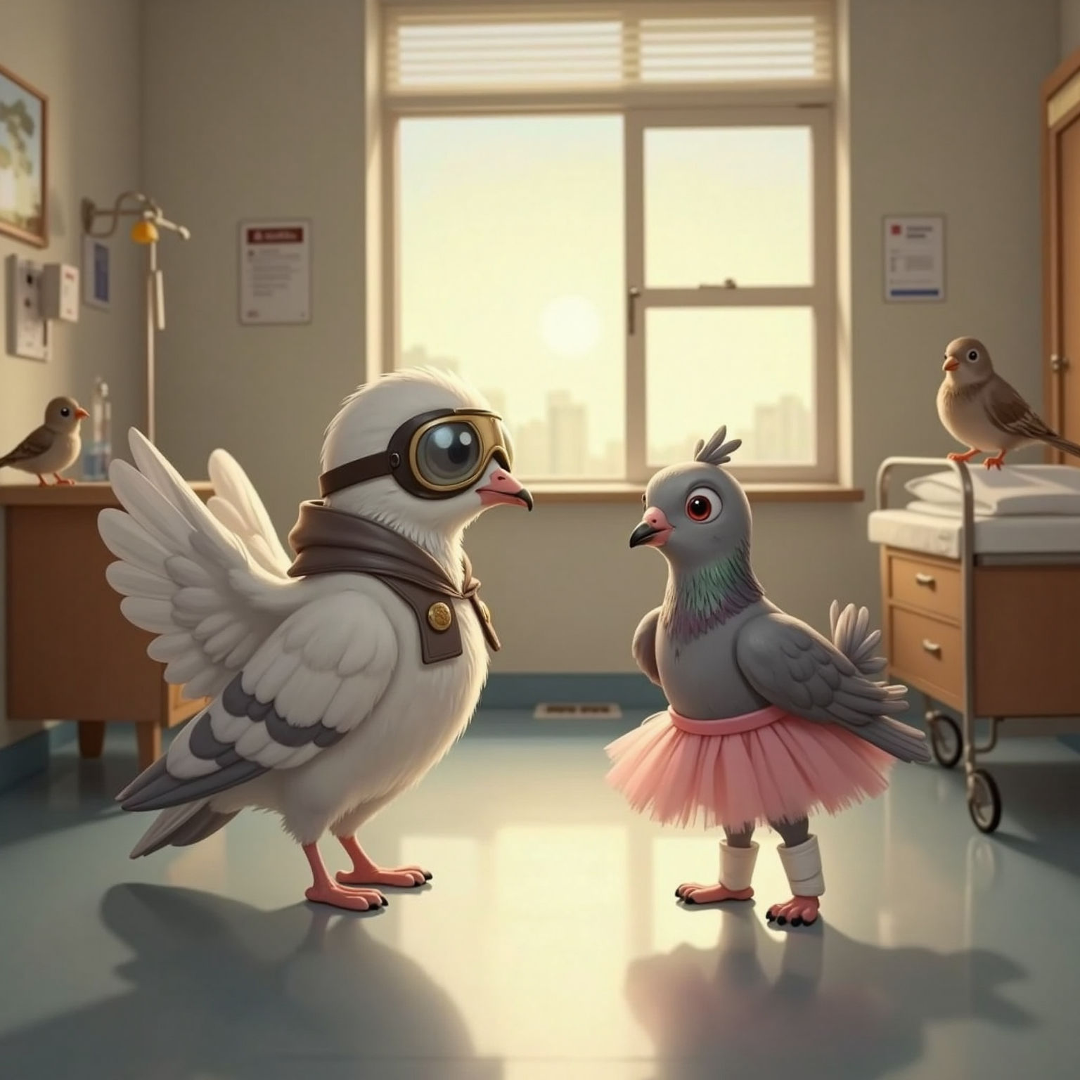 In a softly lit hospital ward at dusk, Skipper and King face each other on the floor, Skipper mid-step in her pink tutu with cast, King flapping his wing. A birdy friend in the background claps its wings in delight.