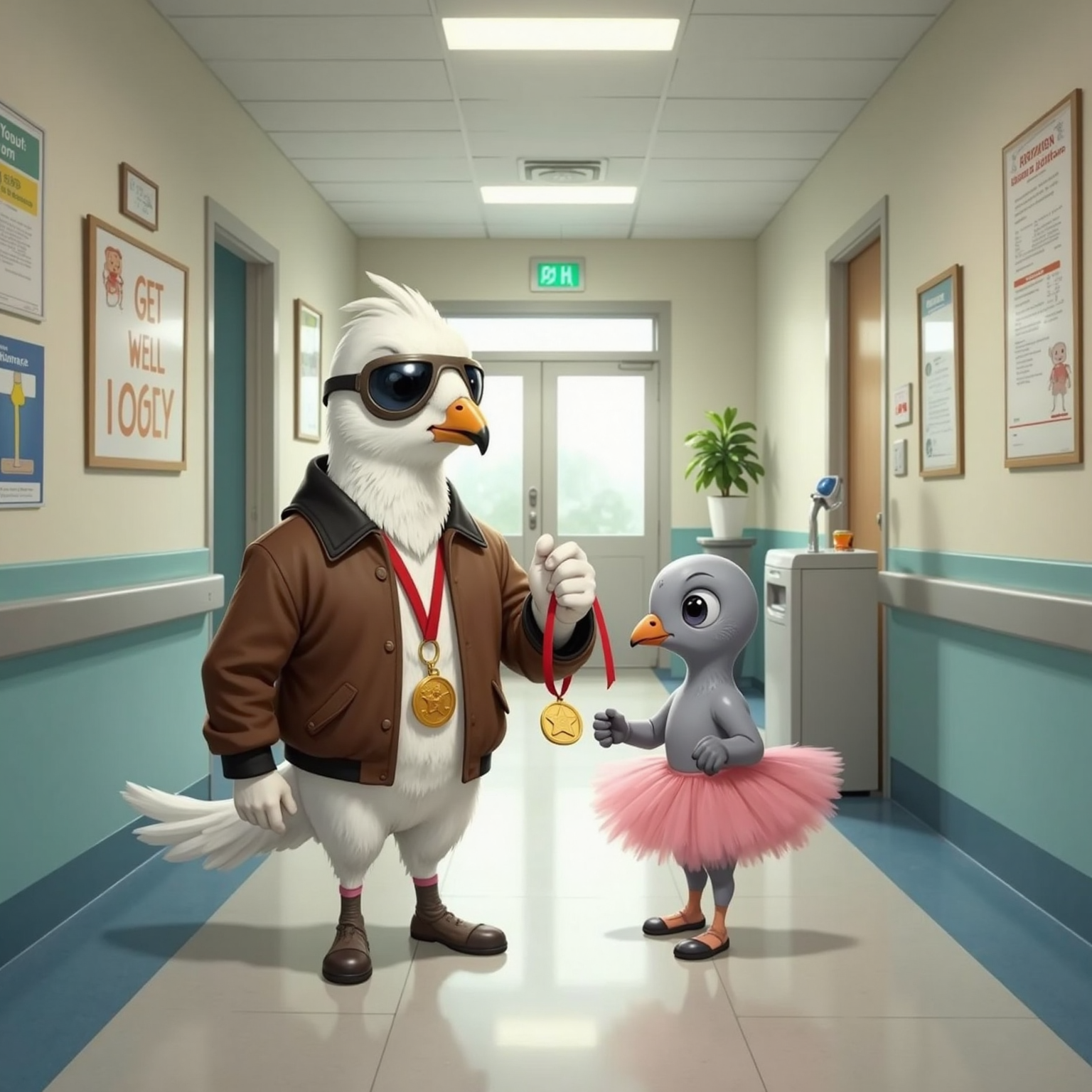 In a quiet hospital corridor lit by soft morning light, King holds a small medal up to Skipper’s chest on her tutu. Skipper giggles, standing tall as they march side by side in bird-boot footsteps.