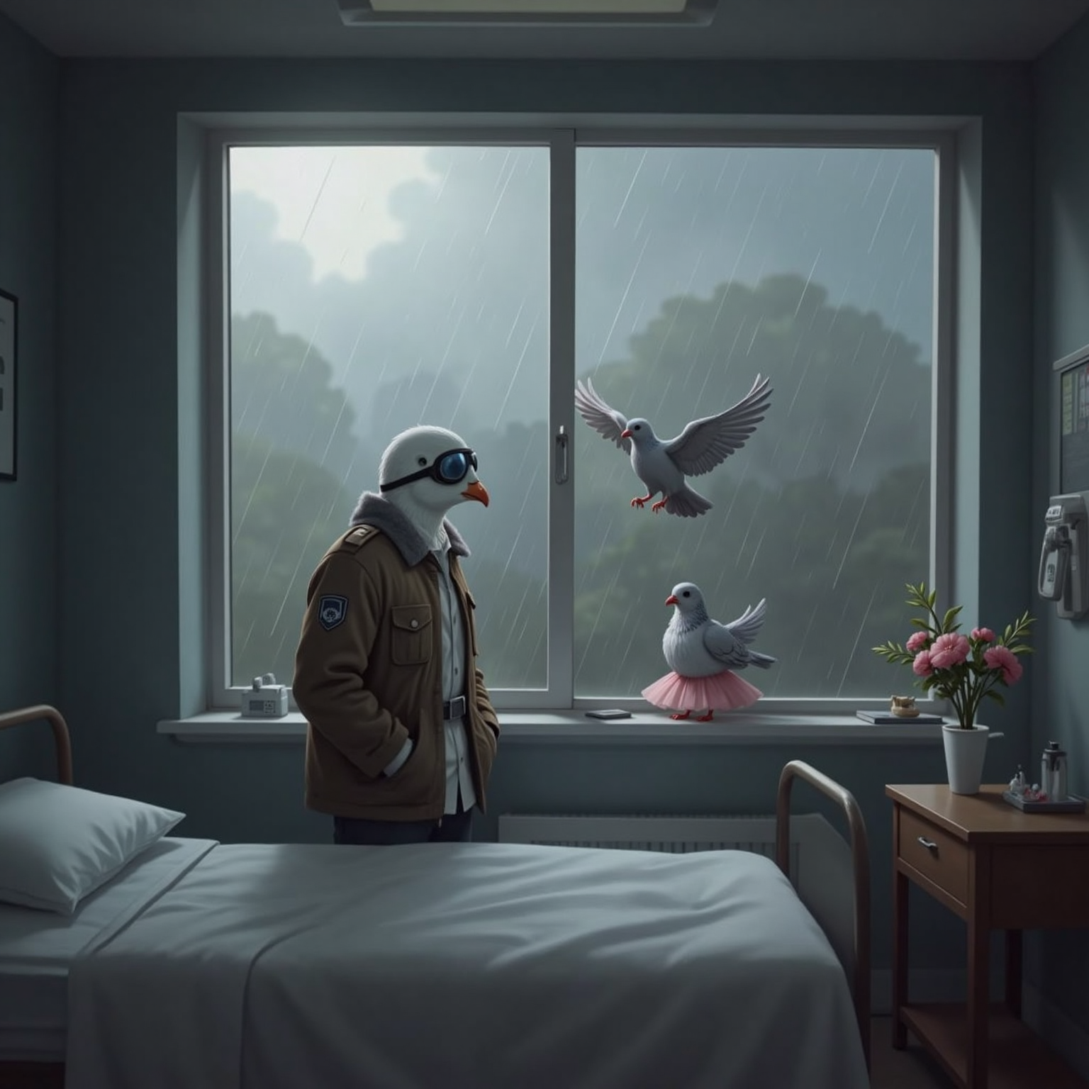 In a dim hospital room under grey skies, rain drummed against the window. King stands beside the glass, his head lowered. Skipper hovers next to him, her pink tutu slightly damp, one wing extended in encouragement.