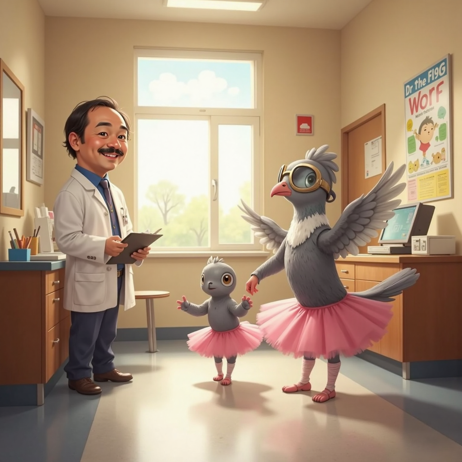In a sunlit hospital therapy room, Dr. Finch holds a clipboard and smiles at Skipper, who pirouettes gently in her pink tutu with cast. King stands nearby stretching his wings outward, both smiling brightly.