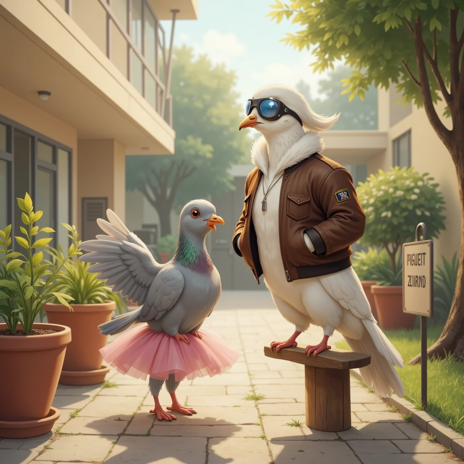 In a hospital courtyard at morning light, Skipper and King stand atop wooden perches, wings spread wide for balance. Skipper leans slightly toward King as she whispers encouragement, and King grins, steadying himself.