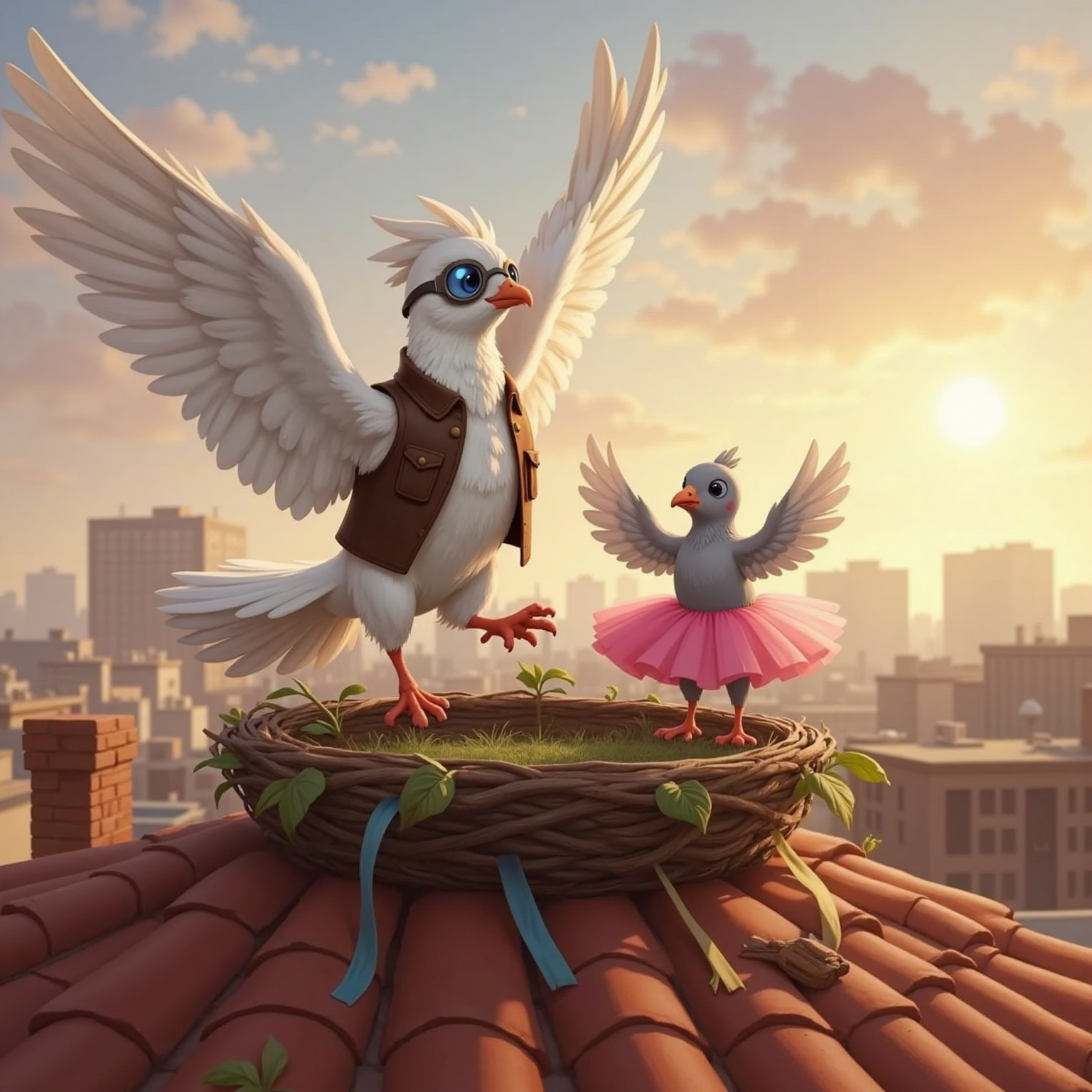 In a rooftop bird nest at sunrise, Skipper twirls gracefully on the rim, arms open in her pink tutu. King flaps both wings and lifts into the air above her as Skipper claps with delight.
