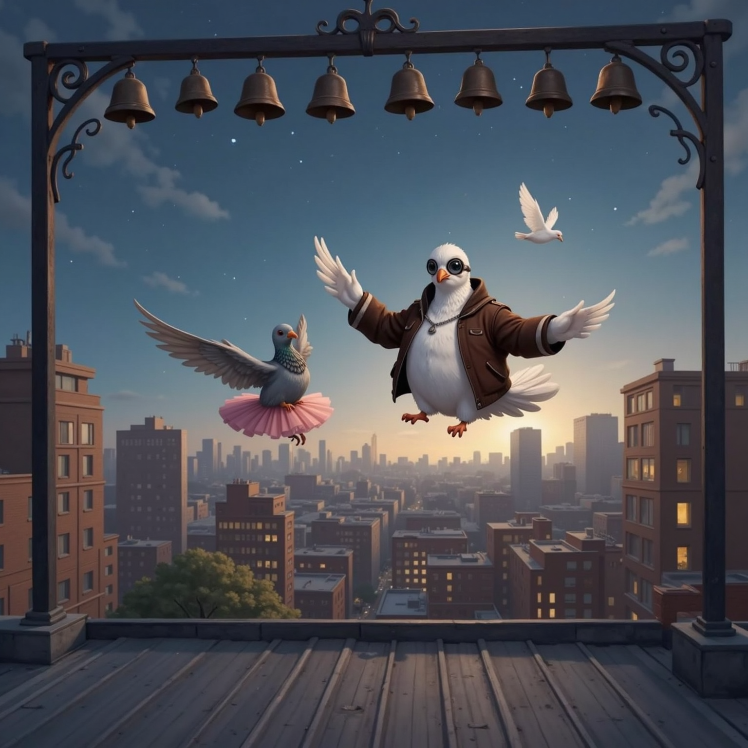 On a city rooftop at twilight, King and Skipper dance in flight above a tin roof. Skipper balances on one toe of her pink tutu as King dives in a curved arc beside her with lit skyscrapers and bells overhead.
