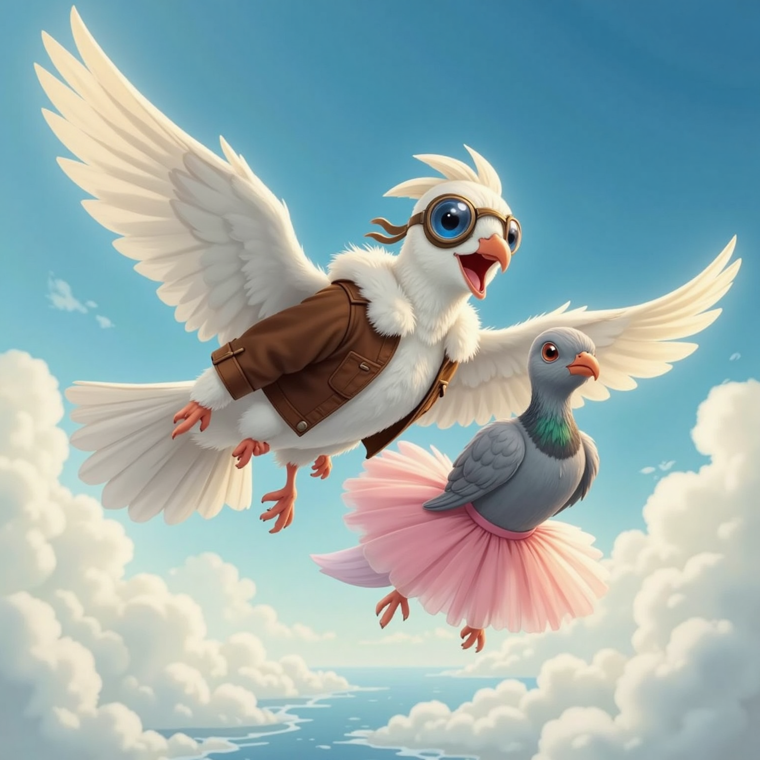 In a clear midday sky above fluffy clouds, King and Skipper fly side by side, wings outstretched. Skipper’s pink tutu flows behind her as King wears his bomber jacket and goggles, both smiling as they soar together.