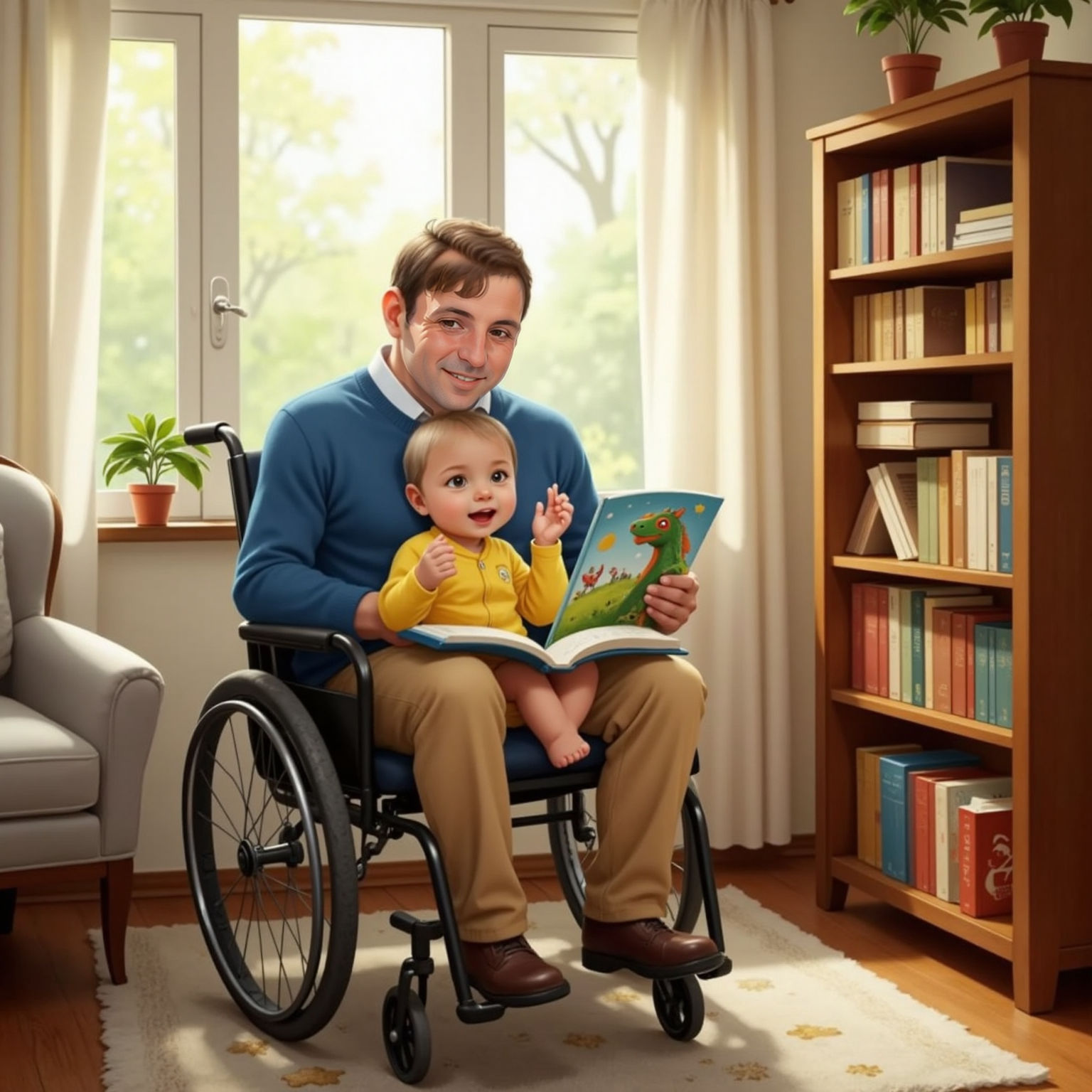 In an afternoon sunlit reading nook indoors, Alexander wiggles climbing onto Alexander dad’s lap in his wheelchair. Alexander claps as Alexander dad holds a book at chest level. Both look eagerly at the book's pages.