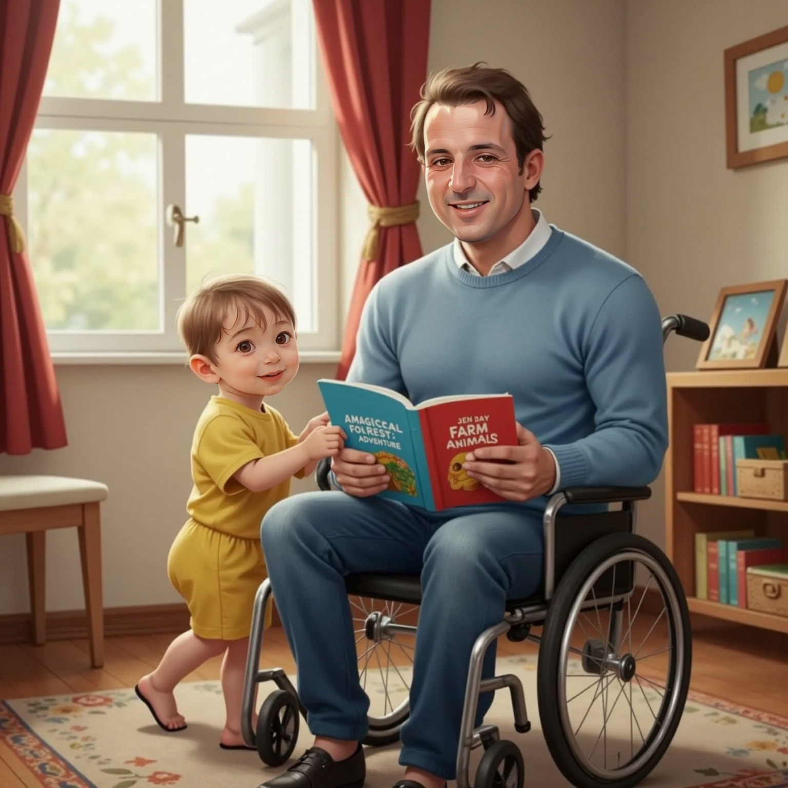 In the same bright reading nook indoors, Alexander dad holds out two colorful storybooks and Alexander reaches eagerly for the larger one with a joyful grin. Alexander dad’s eyes sparkle as he smiles while opening the selected book.