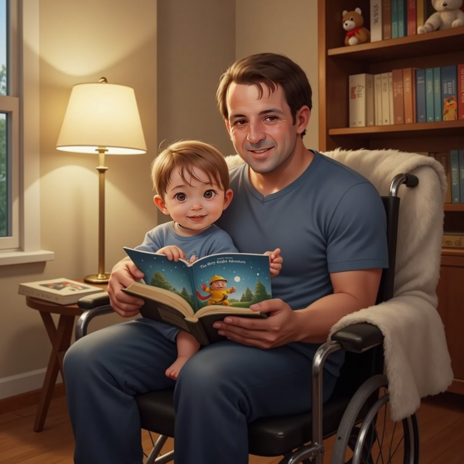 In the cozy reading nook under soft indoor lighting, Alexander dad reads aloud from a book open on his lap. Colorful illustrations of knights and stars spread across the page as Alexander’s fingers trace the drawings and his eyes widen.