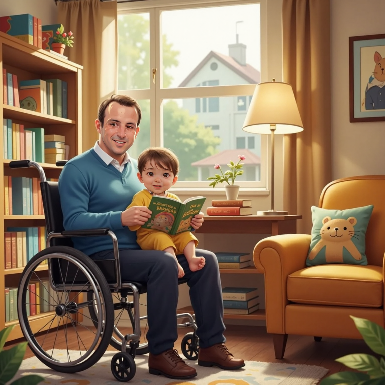 In the bright reading nook, Alexander giggles as he flips pages rapidly on Alexander dad’s lap. Alexander dad leans forward with a surprised gasp, one hand reaching for the fluttering page while both smile.