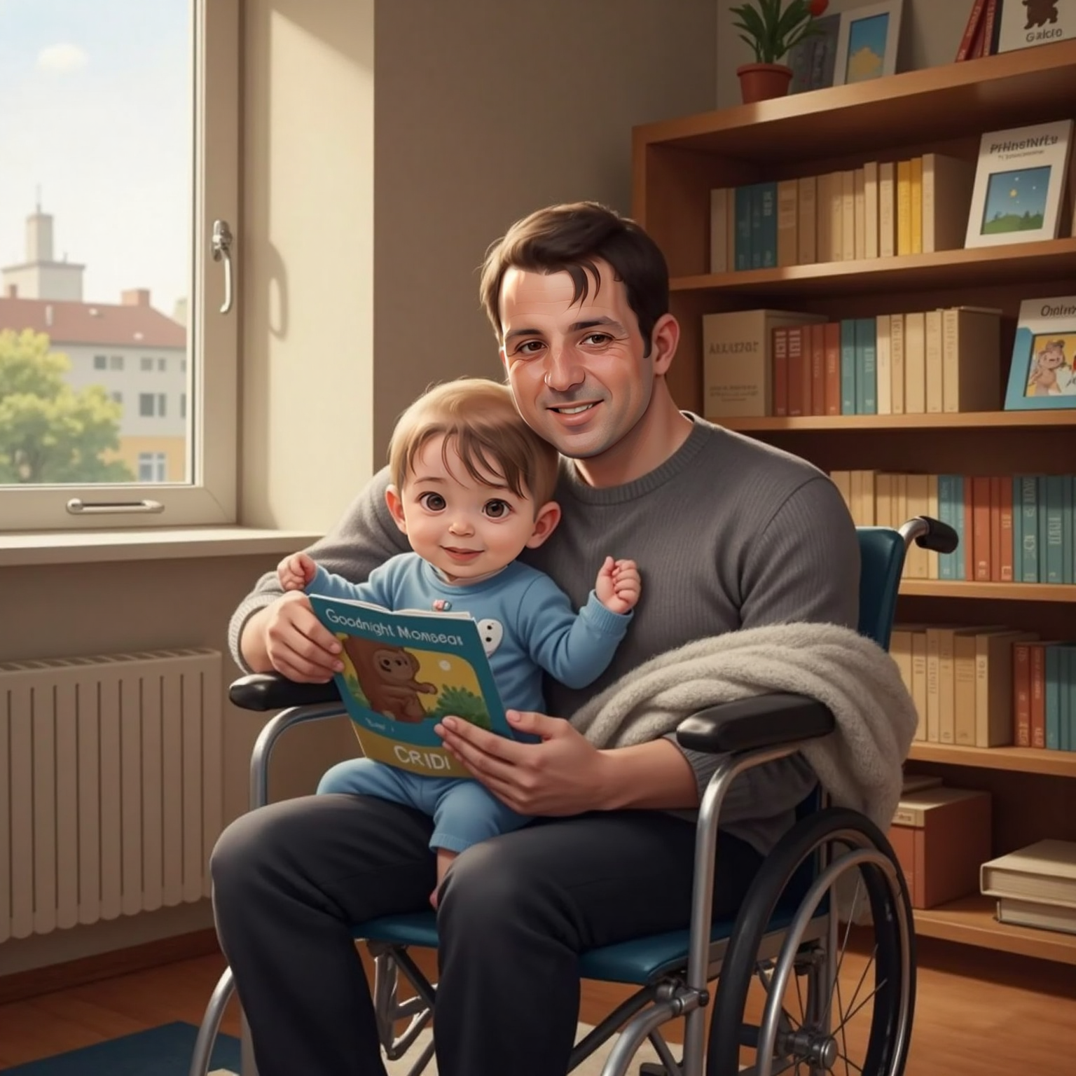 In the quiet reading nook at dusk, Alexander dad gently taps Alexander’s nose while holding a book against his chest. Alexander snuggles into Alexander dad’s arm, clutching the book cover. Soft pale sunlight filters through the window.